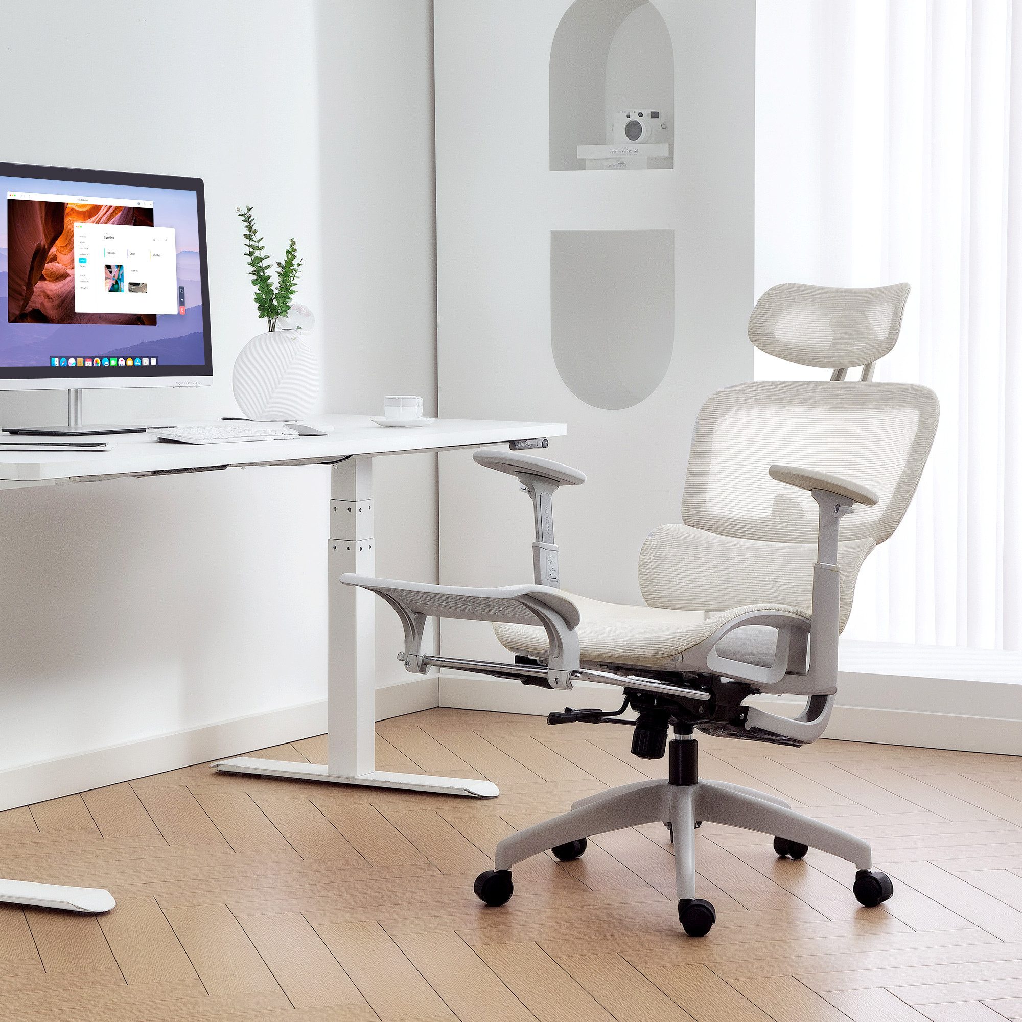 HOMCOM Bürostuhl Liegefunktion 4-fach verstellbar höhenverstellbarer Drehstuhl (Ergonomisch Schreibtischstuhl, 1 St), mit Rückenlehne, Armlehnen, Kopfstütze, Lendenwirbelstütze, Beige