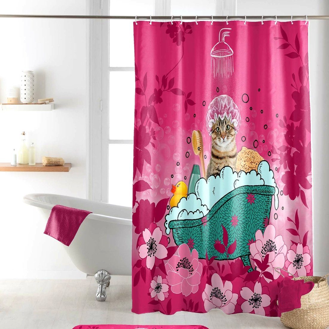 Sanixa Duschvorhang Duschvorhang Textil 200x180 cm Katze Pink witzig  wasserabweisend Breite 180 cm, Badewannenvorhang Vorhang mit Ringen  Metallösen waschbar