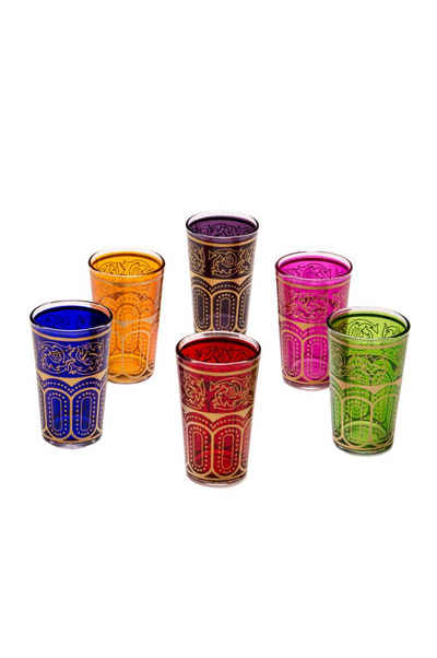 Marrakesch Orient & Mediterran Interior Teeglas Orientalische verzierte Teegläser Set 6 Gläser Laylana bunt Gold, Marokkanische Tee Gläser 6 Farben Deko orientalisch, 6 x Orientalisches Marokkanisches Teeglas verziert, verschiedene Muster, Handarbeit