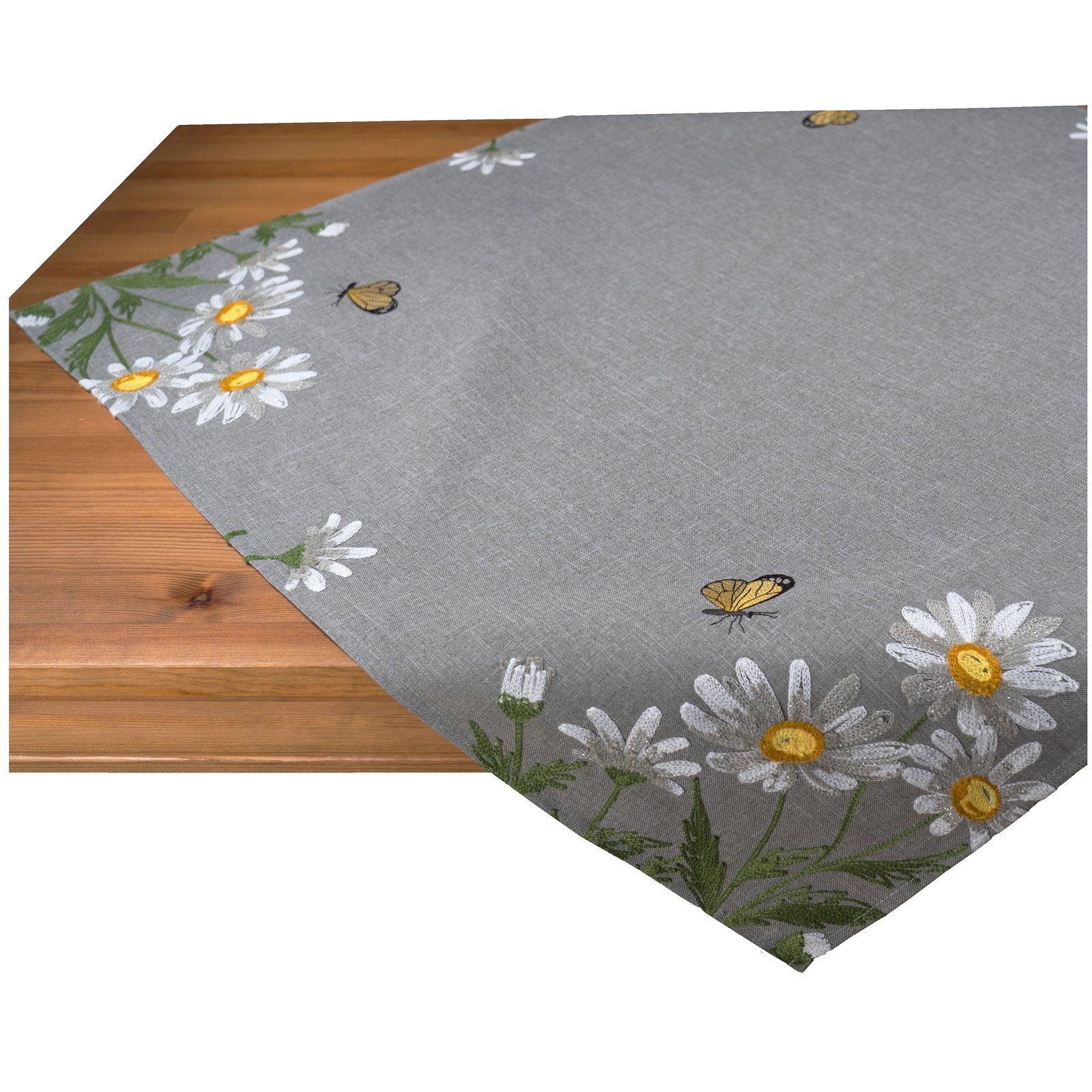 heimtexland Tischdecke Tischdeko Serie Blumen Tischwäsche Deko Kissen (1-tlg), Mitteldecke 85x85 I gelb weiß bestickt I Leinen-Optik