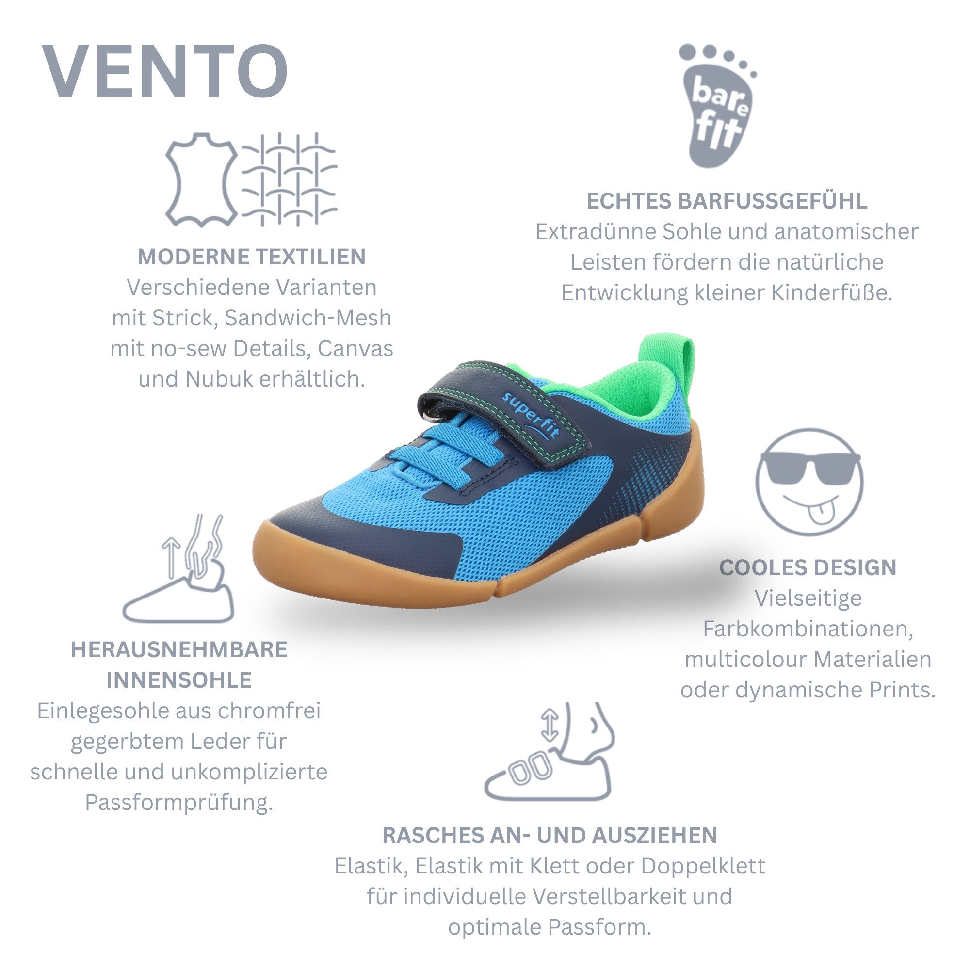 Superfit VENTO WMS: weit Barfußschuh Klettschuh, WMS: weit V, Größenschablone zum Download