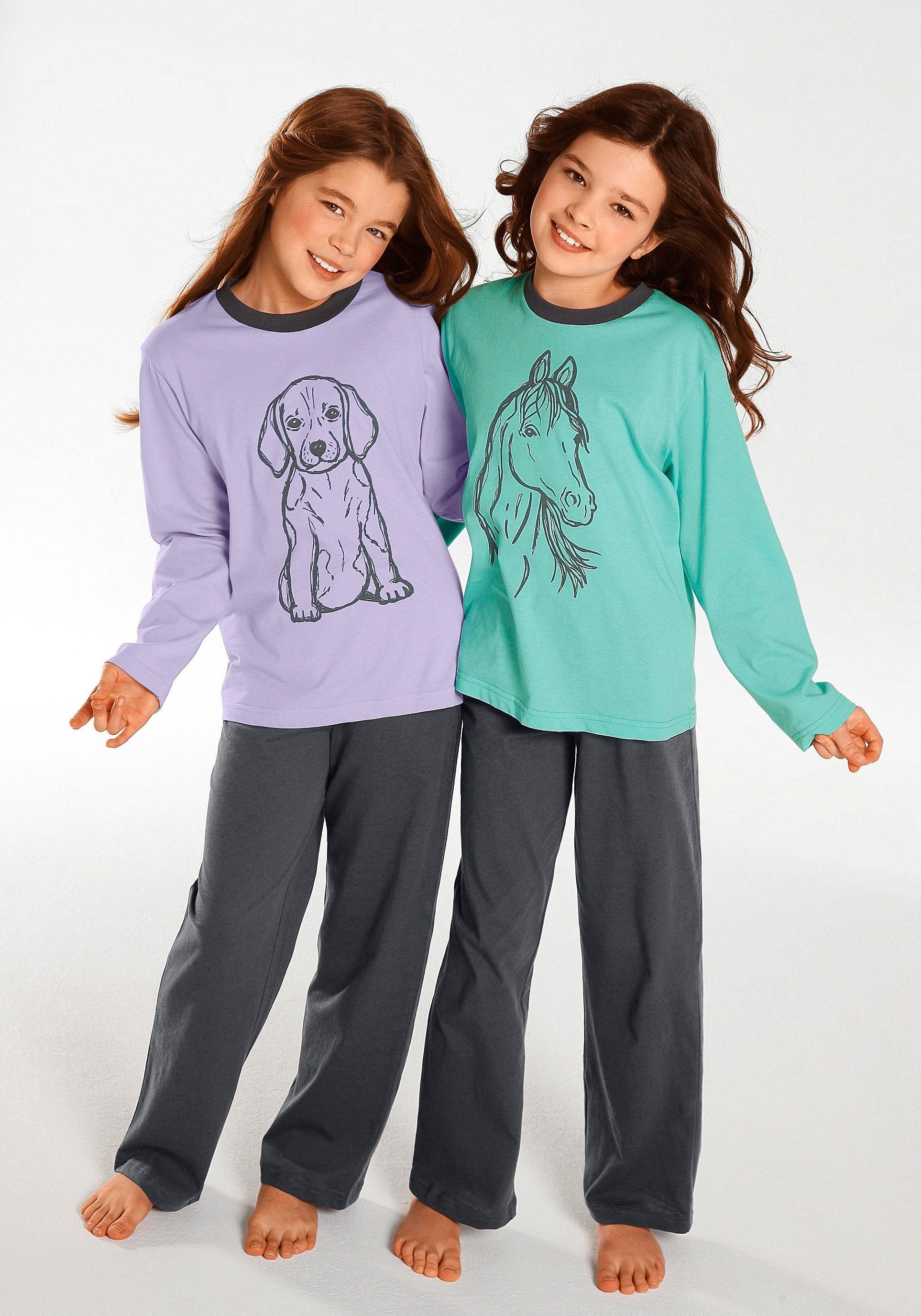 Vivance Pyjama (4 tlg., 2 Farben mit schönen in Oberteile Stück) Tierdruck