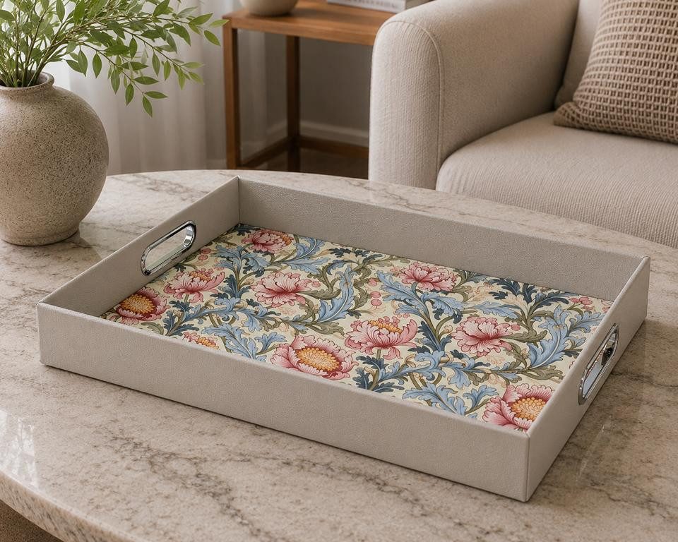 Signature Home Collection Tablett Serviertablett Kunstleder mit Edelstahlgriffen Blumenmuster, (1Tablett), beschichtete Oberfläche abwischbar