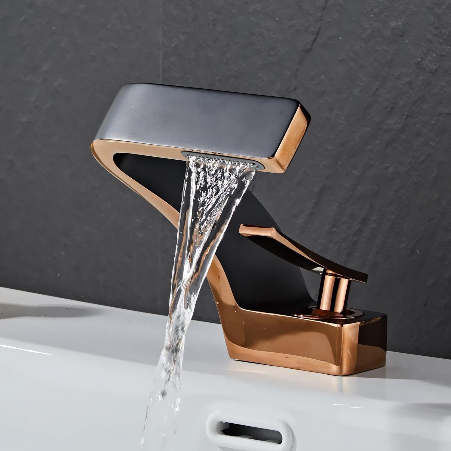 LuxusKollektion Waschtischarmatur Wasserfall Wasserhahn Schwarz/Roségold (1-St)