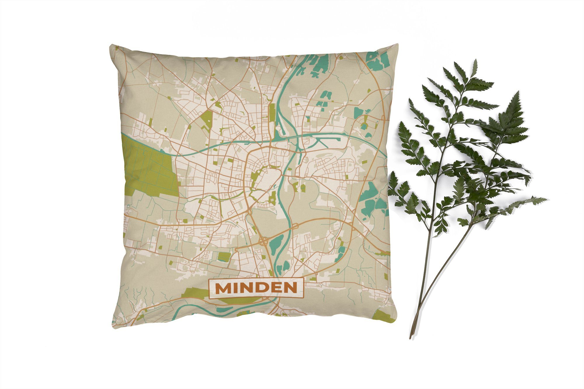 MuchoWow Dekokissen Minden - Karte - Stadtplan - Vintage, Zierkissen mit Füllung für Wohzimmer, Schlafzimmer, Deko, Sofakissen