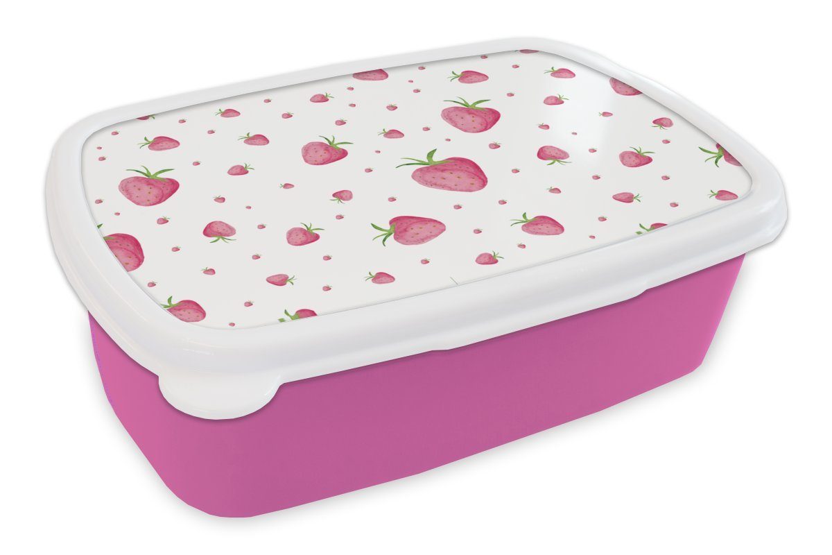 MuchoWow Lunchbox Erdbeere - Obst - Weiß, Kunststoff, (2-tlg), Brotbox für Erwachsene, Brotdose Kinder, Snackbox, Mädchen, Kunststoff rosa