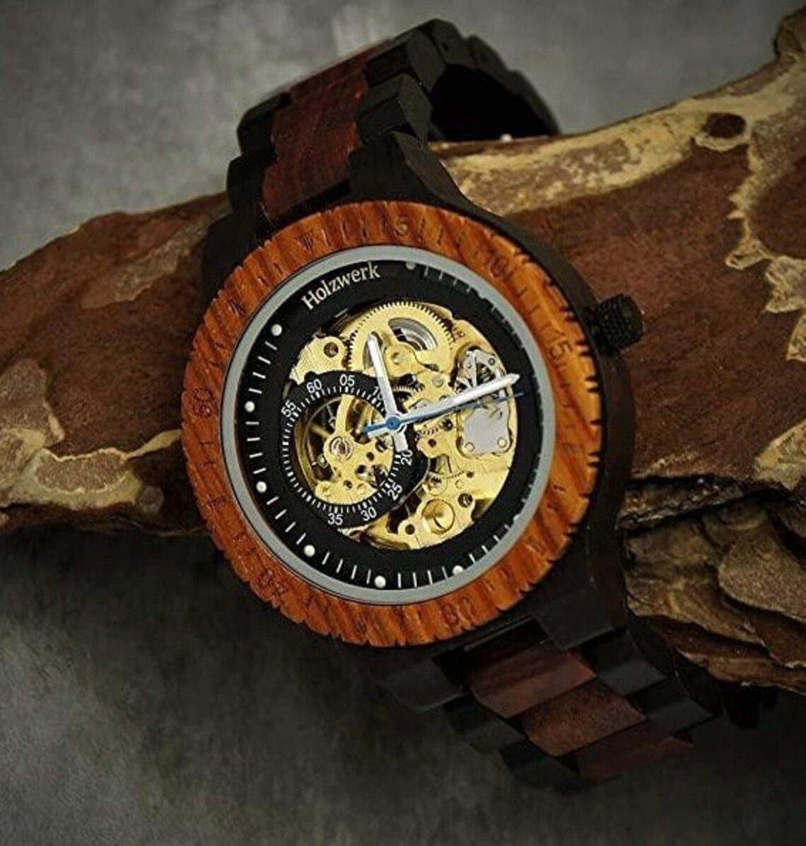 Holzwerk Automatikuhr DASSEL Armband Holz braun, Herren in offene Unruhe dunkel gold Uhr