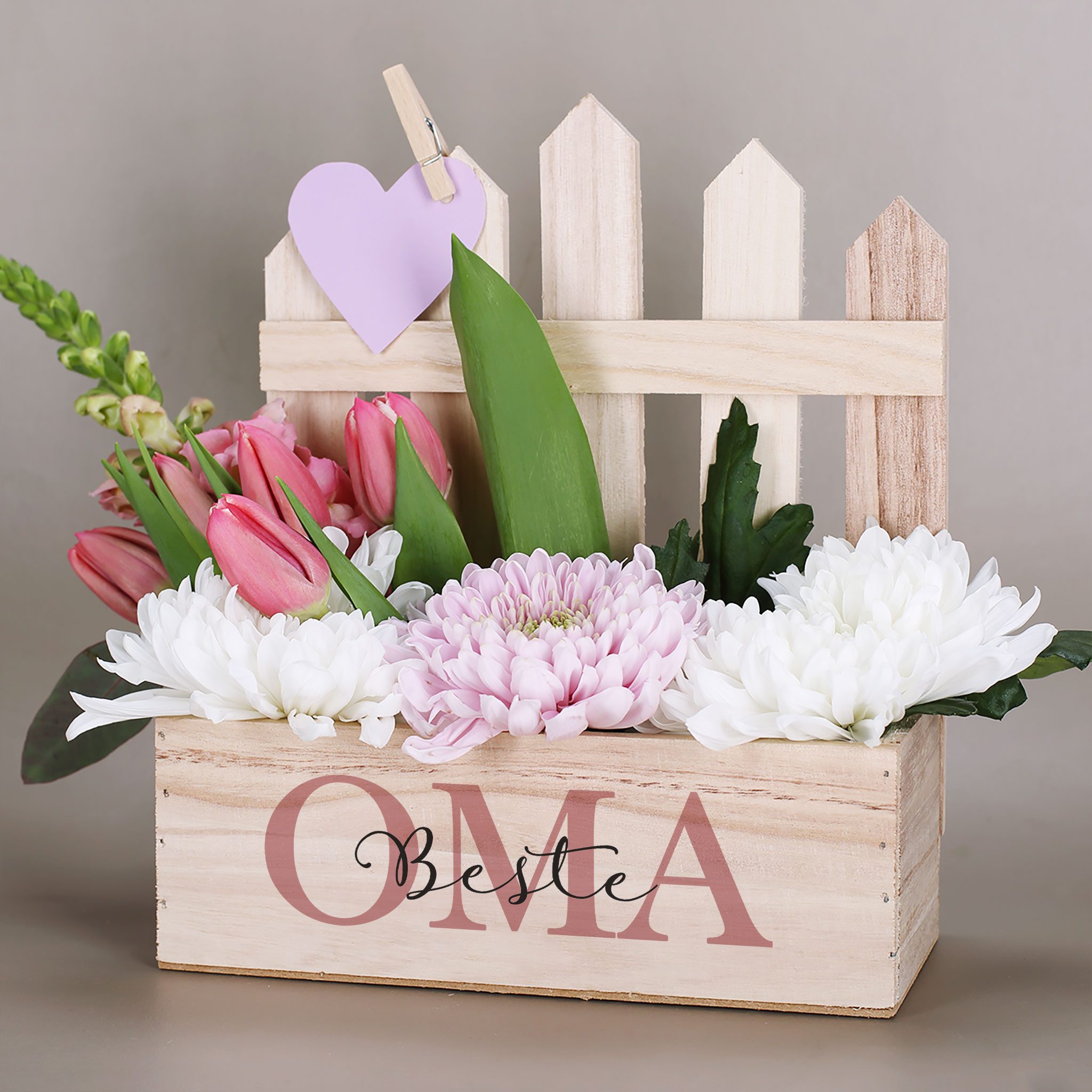 Herz & Heim Geschenkbox Pflanzkorb mit Zaun - Geschenkkorb mit Druck für Mama, Papa, Oma, Opa, aus Holz, mit Folie ausgekleidet