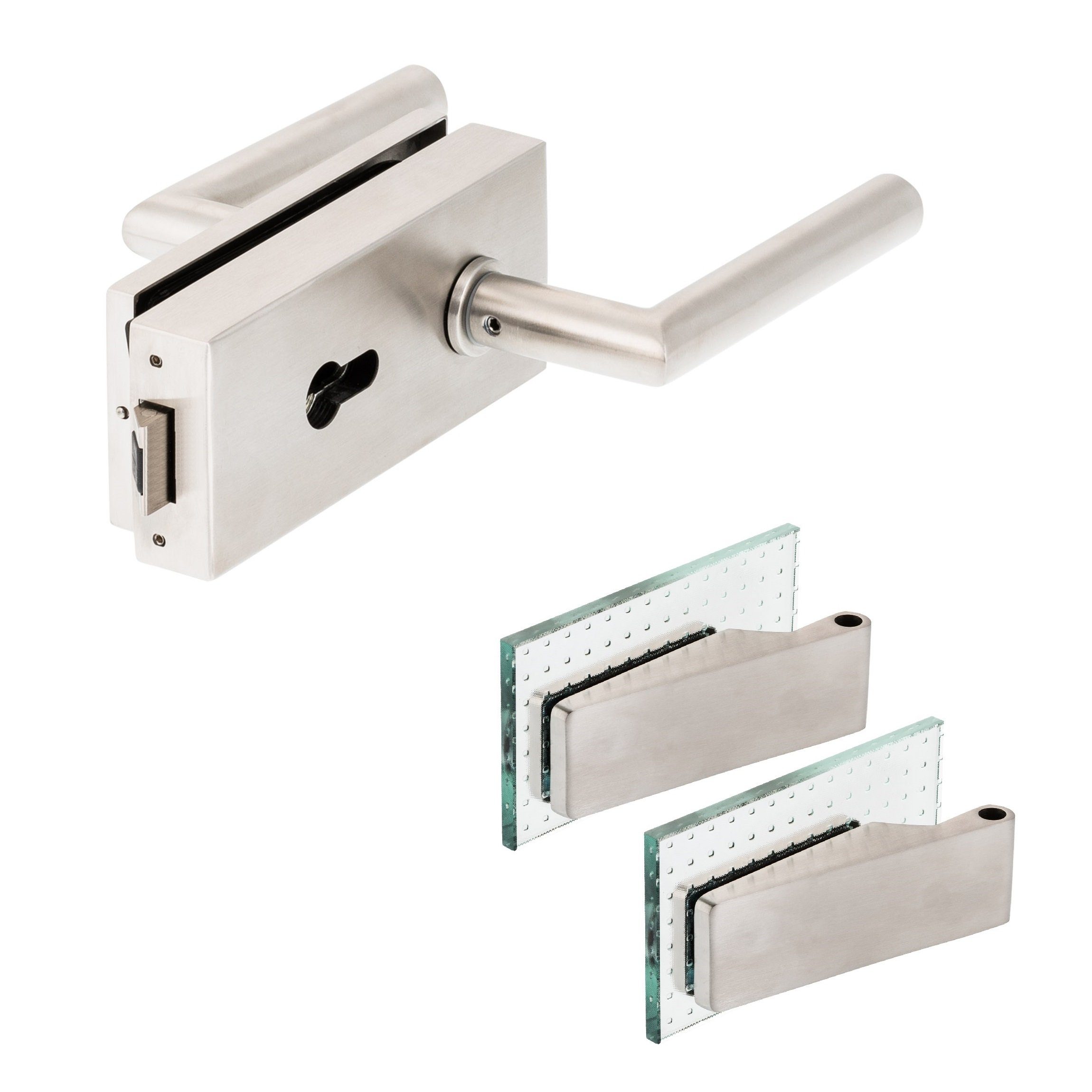 Türbeschläge24 Drückergarnitur Classic Glastürbeschlag Q PZ V2A Edelstahl matt inkl. Studiobänder, Viele Griffe zur Auswahl!