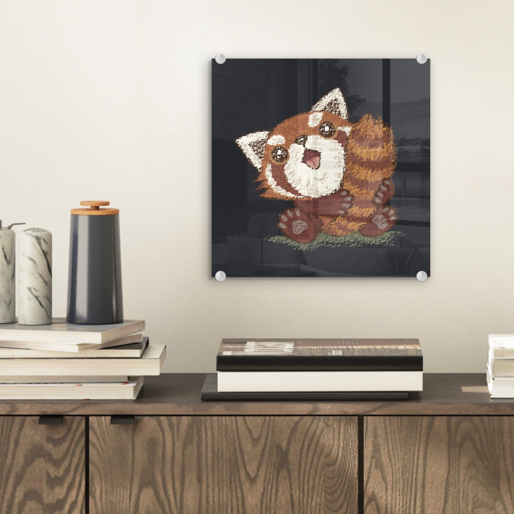 MuchoWow Acrylglasbild Illustration St), seinem Wandbild Bilder auf Wanddekoration - auf (1 Glasbilder mit Glas Glas - - roten Foto eines Pandas Schwanz