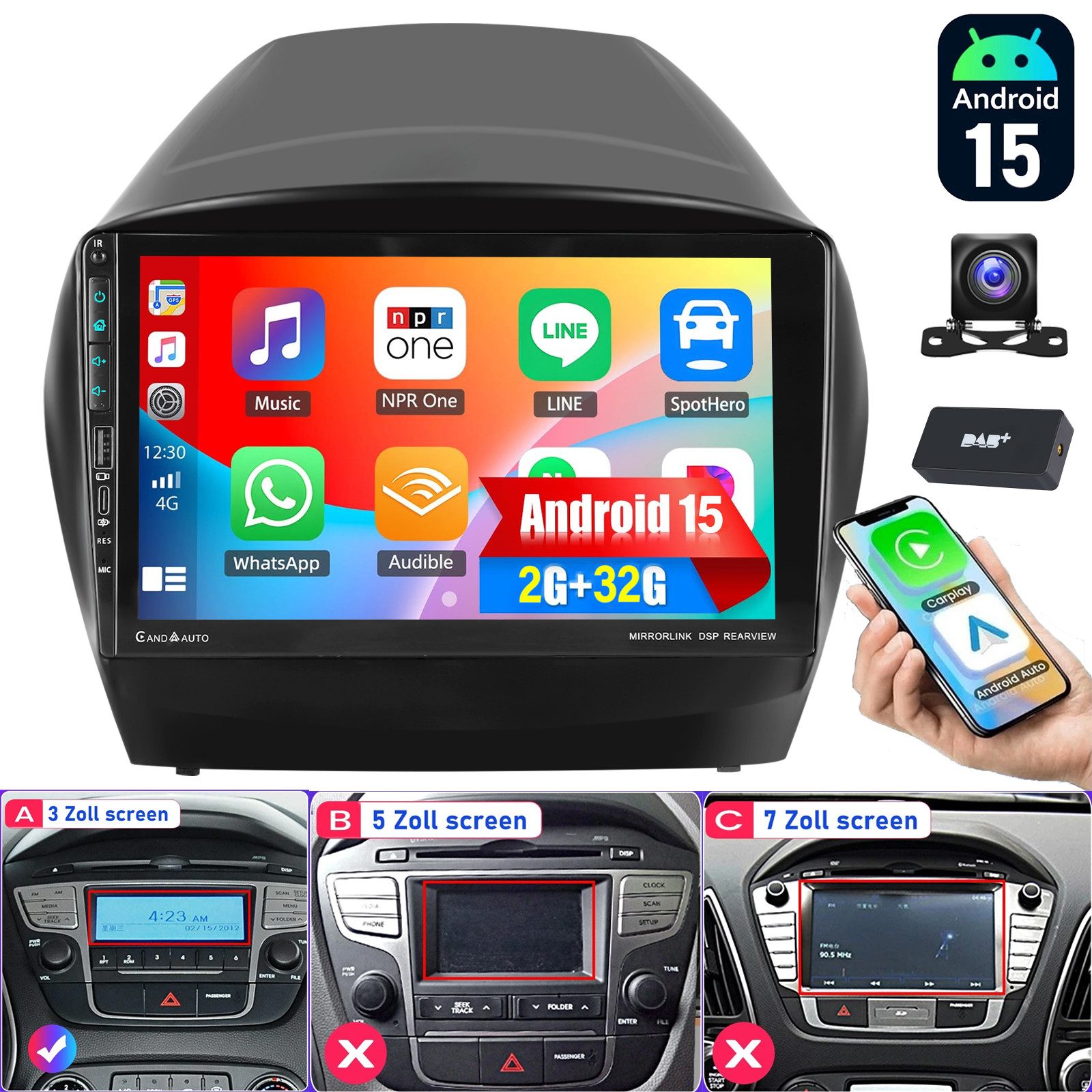 ESSGOO DAB+ Für Hyundai Tucson Ix35 10-15 Android15 CarPlay Autoradio mit GPS Autoradio (RDS, 4+64GB(optional), Digitalradio (DAB), FM, DAB+ (optional), Carplay Android Auto Bluetooth EQ USB GPS Navi WIFI Touchscreen)