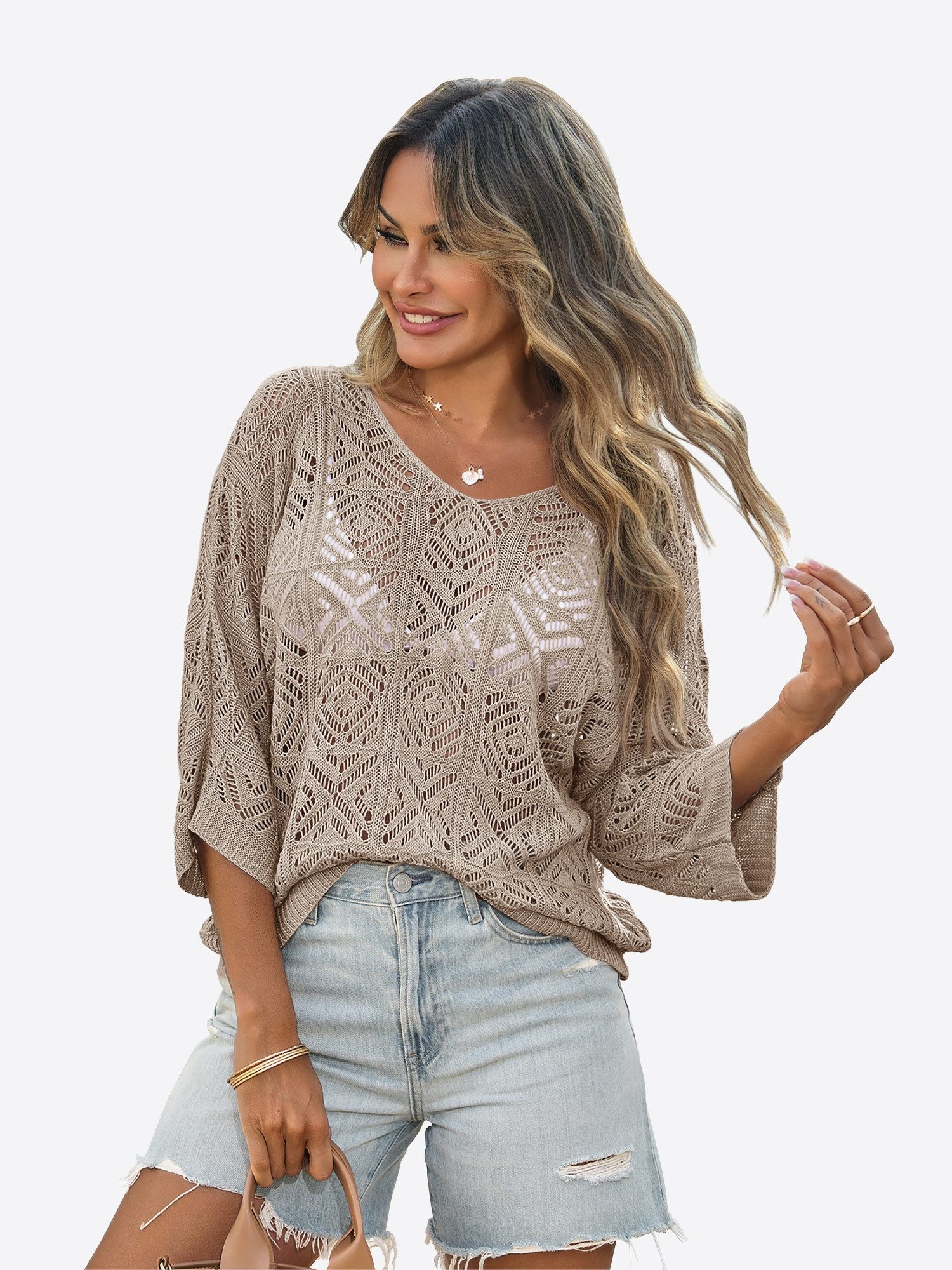 Imily Bela Kurzarmpullover Damen Boho Cover-Up Top aus gehäkeltem Netz (Packung, 1-tlg., 1per-Pack) einfarbig