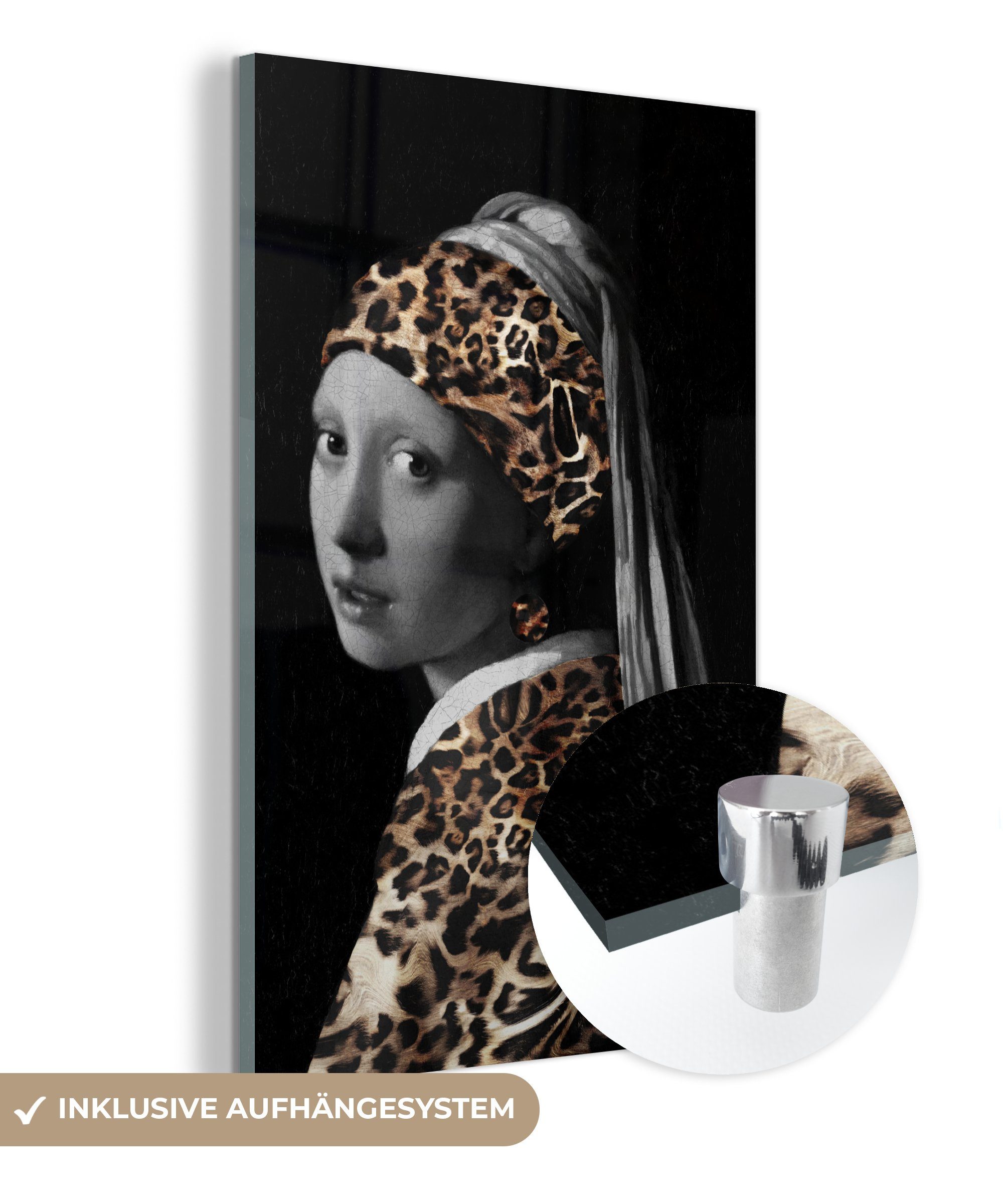 Mädchen Glas Perlenohrring - Das Glas Foto dem Acrylglasbild - (1 Pantherdruck, MuchoWow Bilder auf - mit - St), Wanddekoration Glasbilder auf Vermeer - Johannes Wandbild
