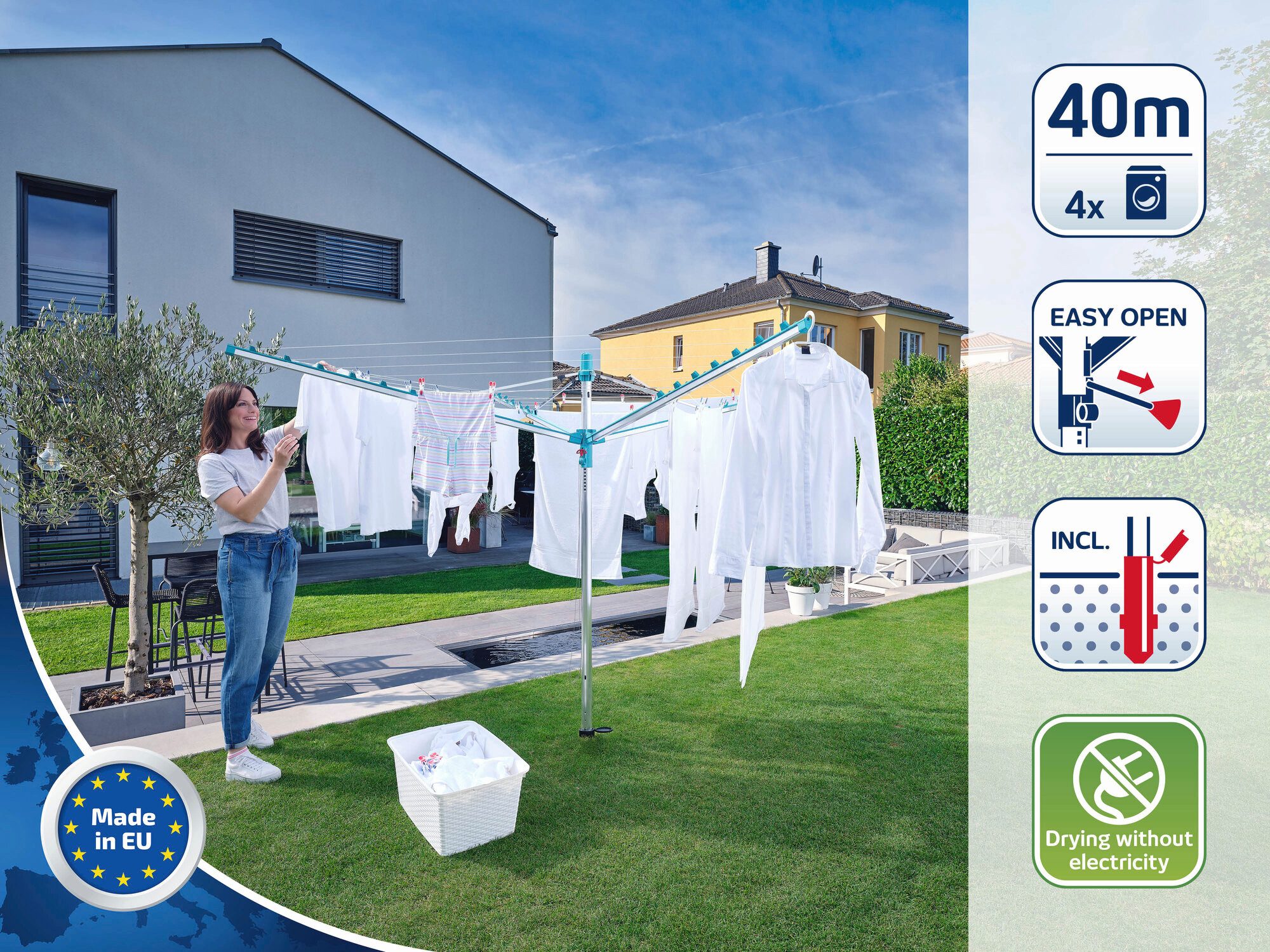 Leifheit Wäschespinne Wäscheschirm Linomatic 400 Easy, 40m Leinenlänge, Leinenautomatik, Easy-Lift-System, Bodenhülse