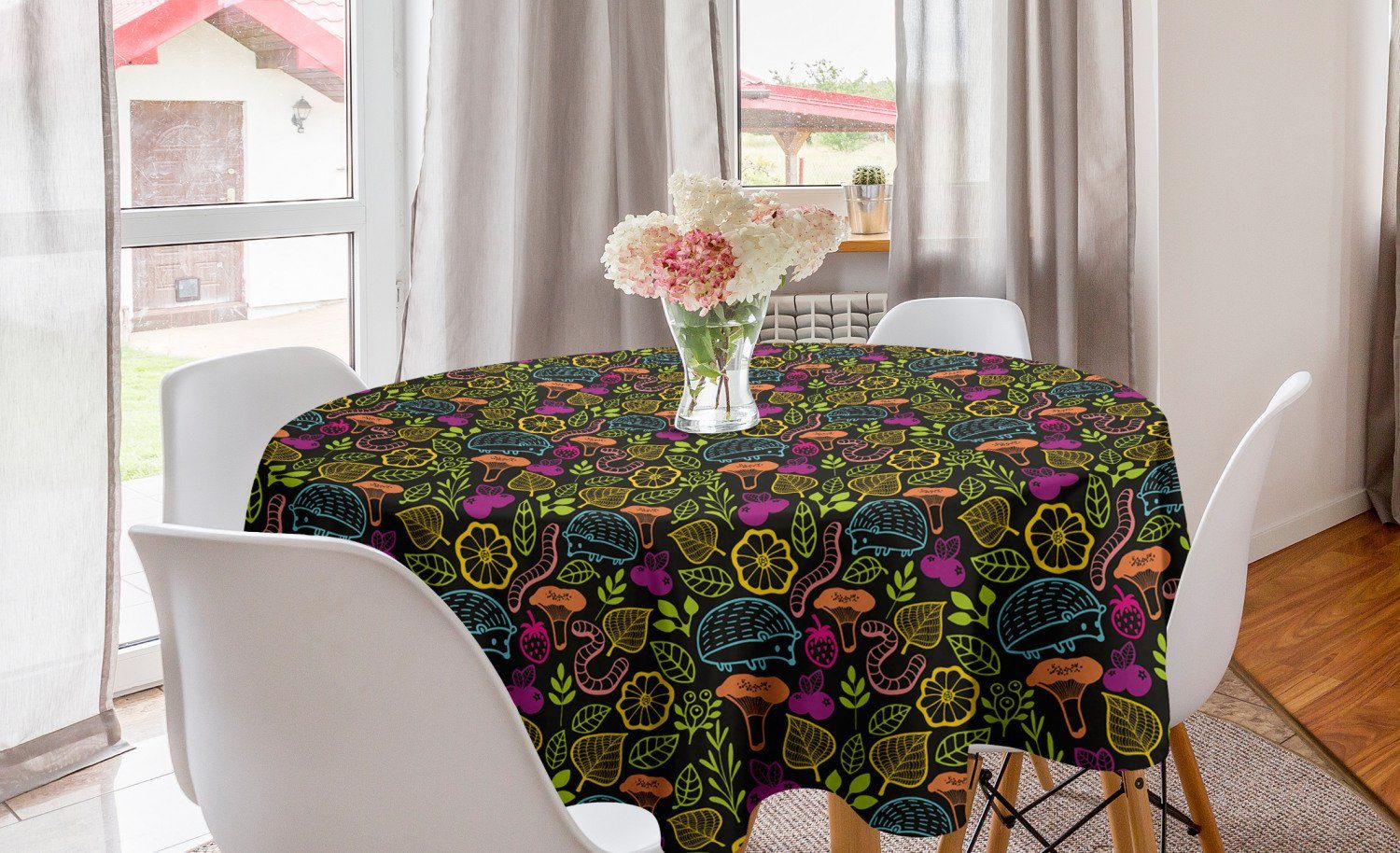 Abakuhaus Tischdecke Kreis Tischdecke Abdeckung für Esszimmer Küche Dekoration, Wald Hedgehog Worms und Pflanzen