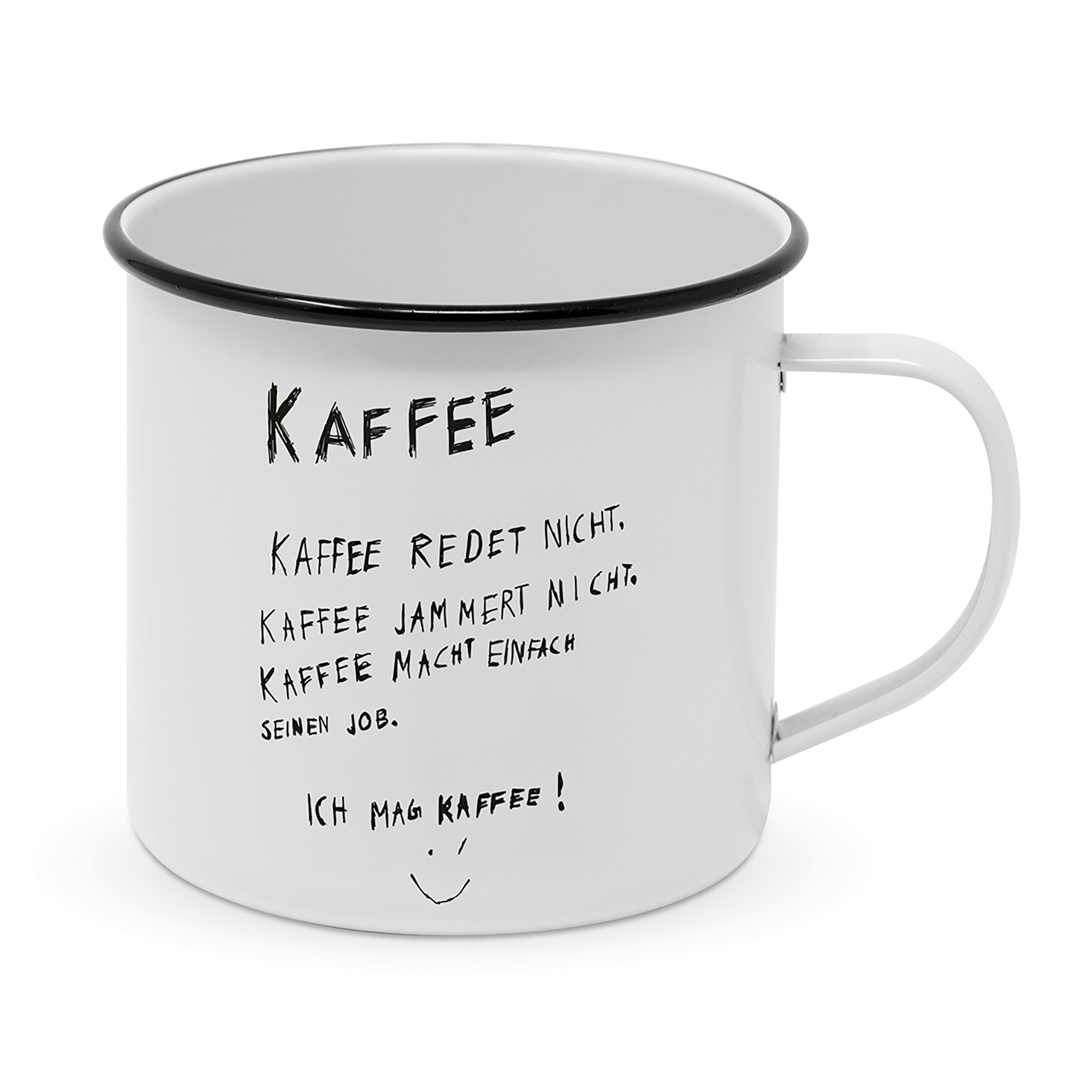 PPD Becher Metall-Becher mit Schriftzug Kaffe Redet Nicht Weiß Schwarz, Melamin
