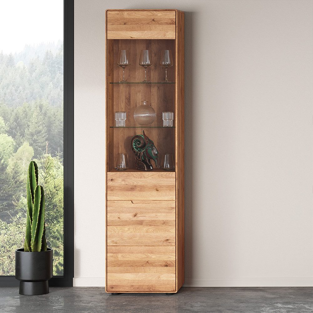 Lomadox Vitrine WISLA-69 Massivholz Wildeiche geölt, 51 cm, Griffeinfräsung, Softclose