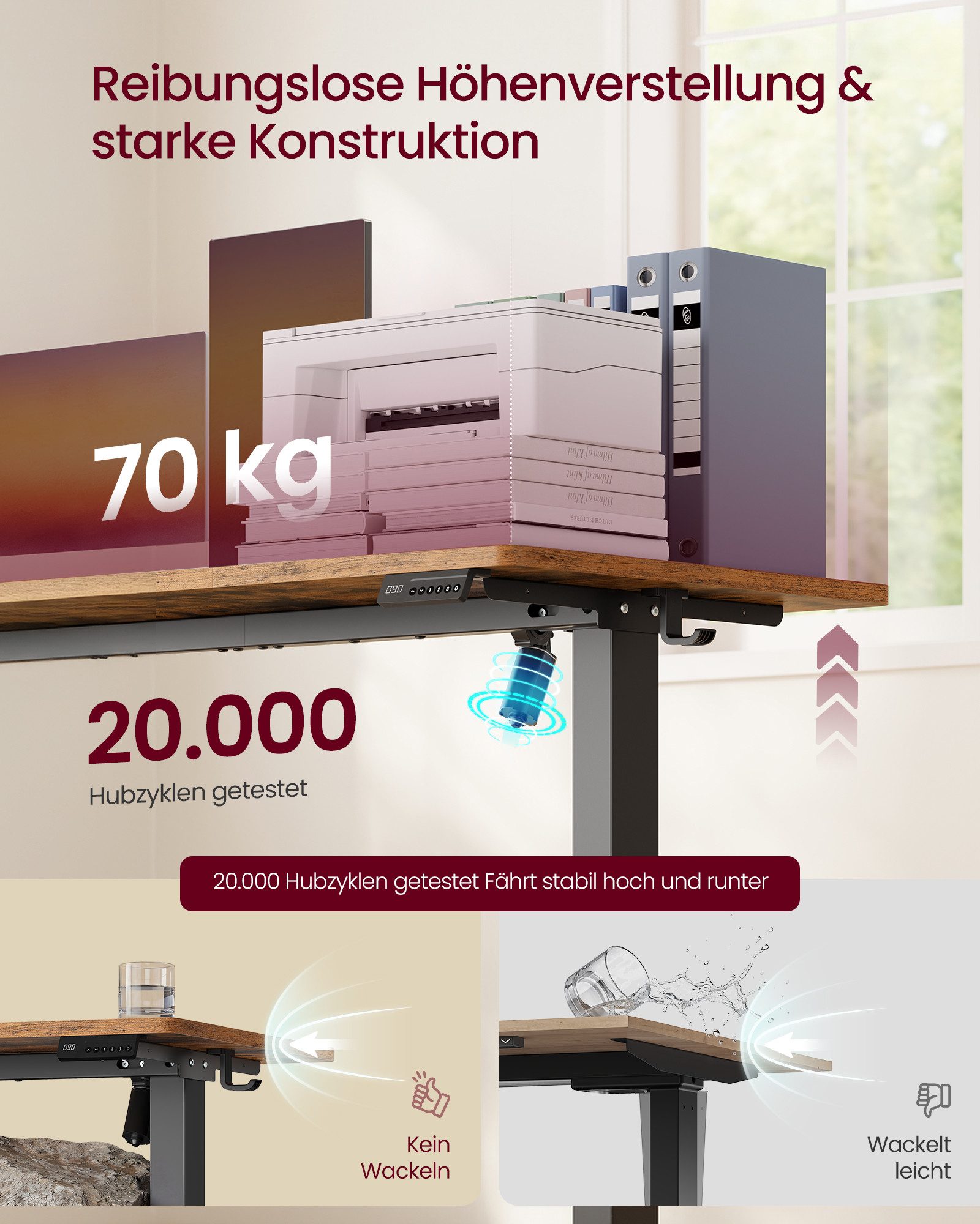 VASAGLE Schreibtisch Höhenverstellbarer, Erinnerung bei langem Sitzen, 80 x 50 cm, für Büro, bei langem Sitzen, Computertisch, Erinnerung – Bild 4 von 5