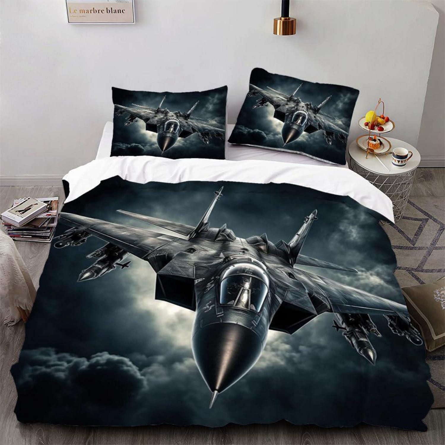 LuxusKollektion Jugendbettwäsche Bettwäsche 135x200cm Kampfjet Wolken 3D 3tlg