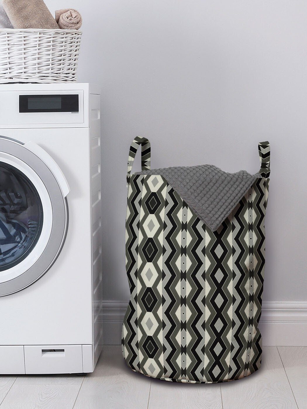 Waschsalons, Geometrisch Zigzags Wäschekorb mit Chevron für Boho Wäschesäckchen Kordelzugverschluss Griffen Abakuhaus