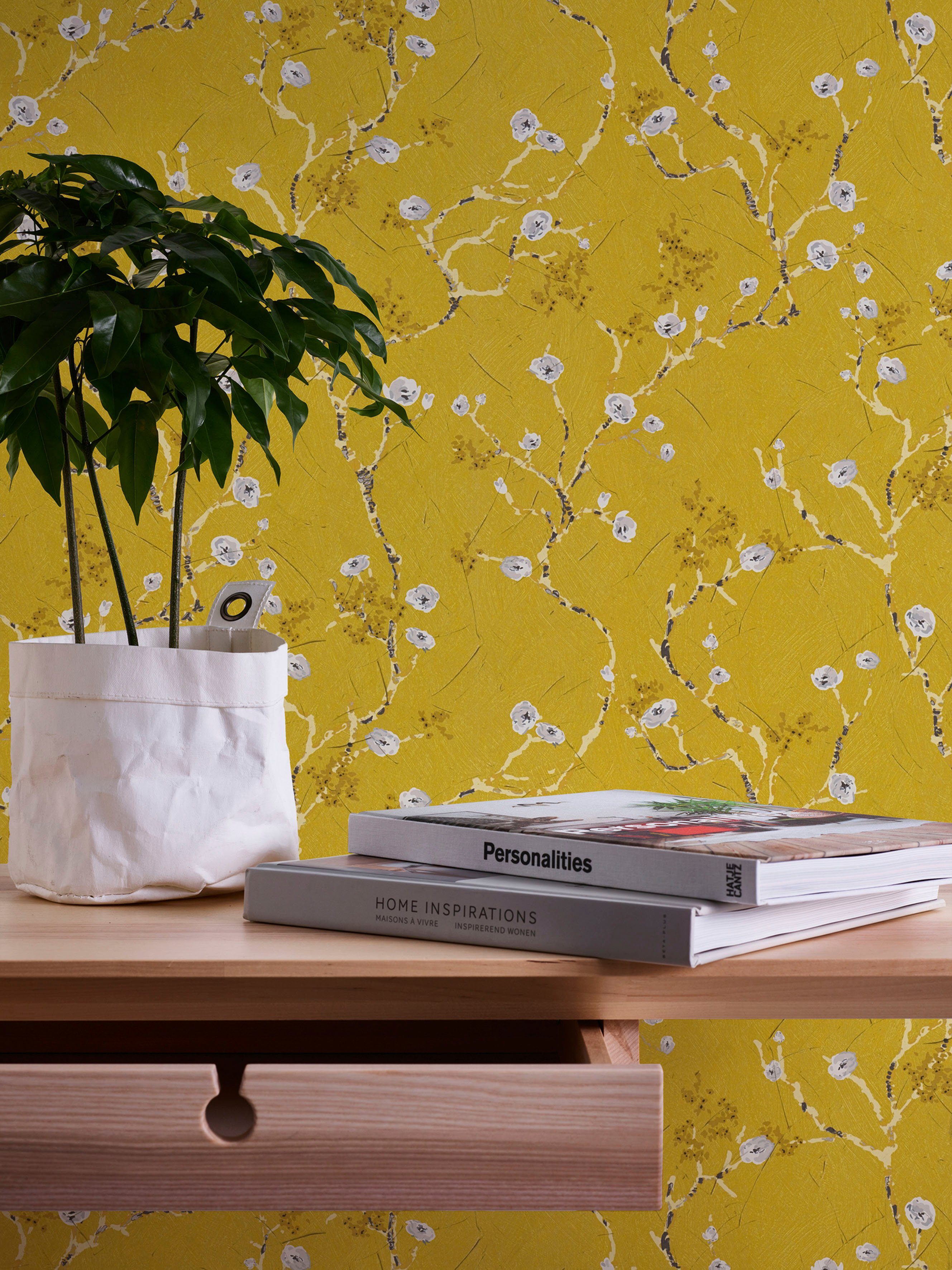 glatt, A.S. Asiatisch Création (1 St), gelb/grau PintWalls Mandelblüte, matt, Vliestapete