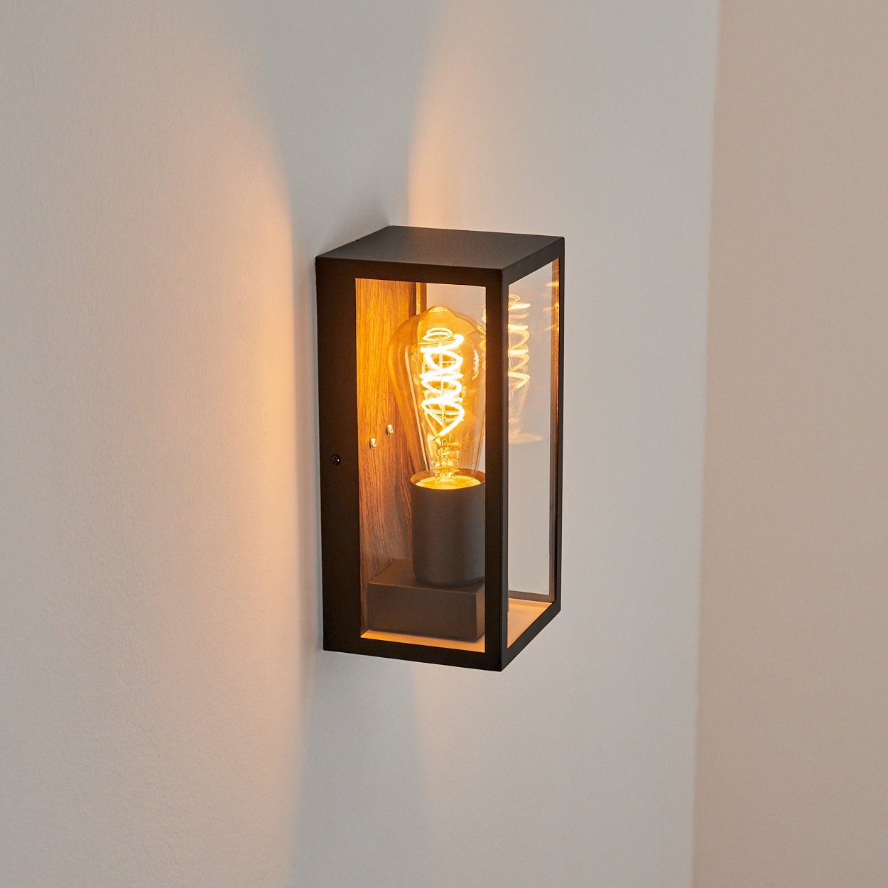 hofstein Lichteffekt E27, Wandlampe Metall/Glas ohne Leuchtmittel, mit in »Bruno« IP44 aus Außenleuchte Außen-Wandleuchte Schwarz/Holzoptik/Klar,