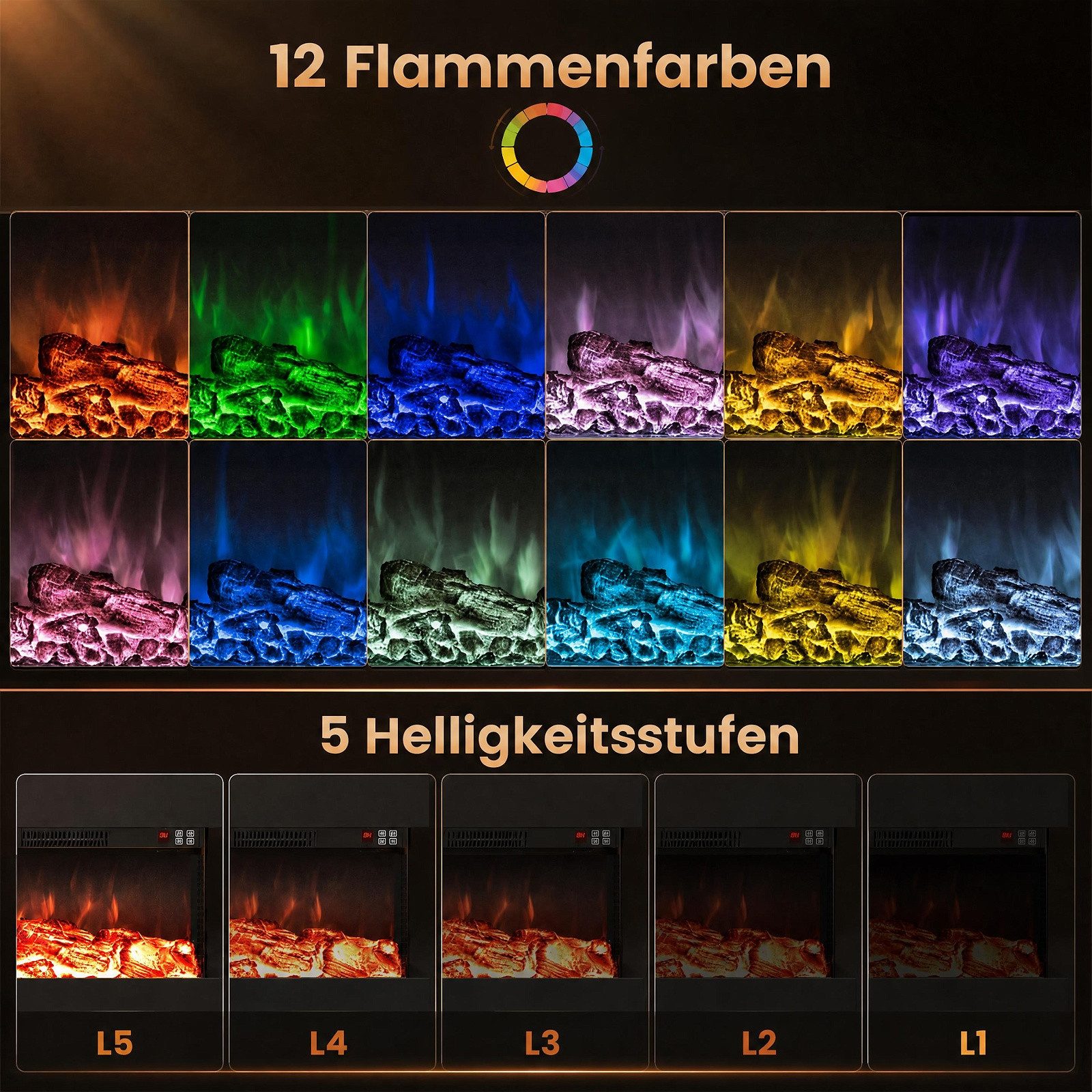 COSTWAY Elektrokamin Wandkamin mit LED-Seitenlichtern, 3D-Flammeneffekt – Bild 2 von 5