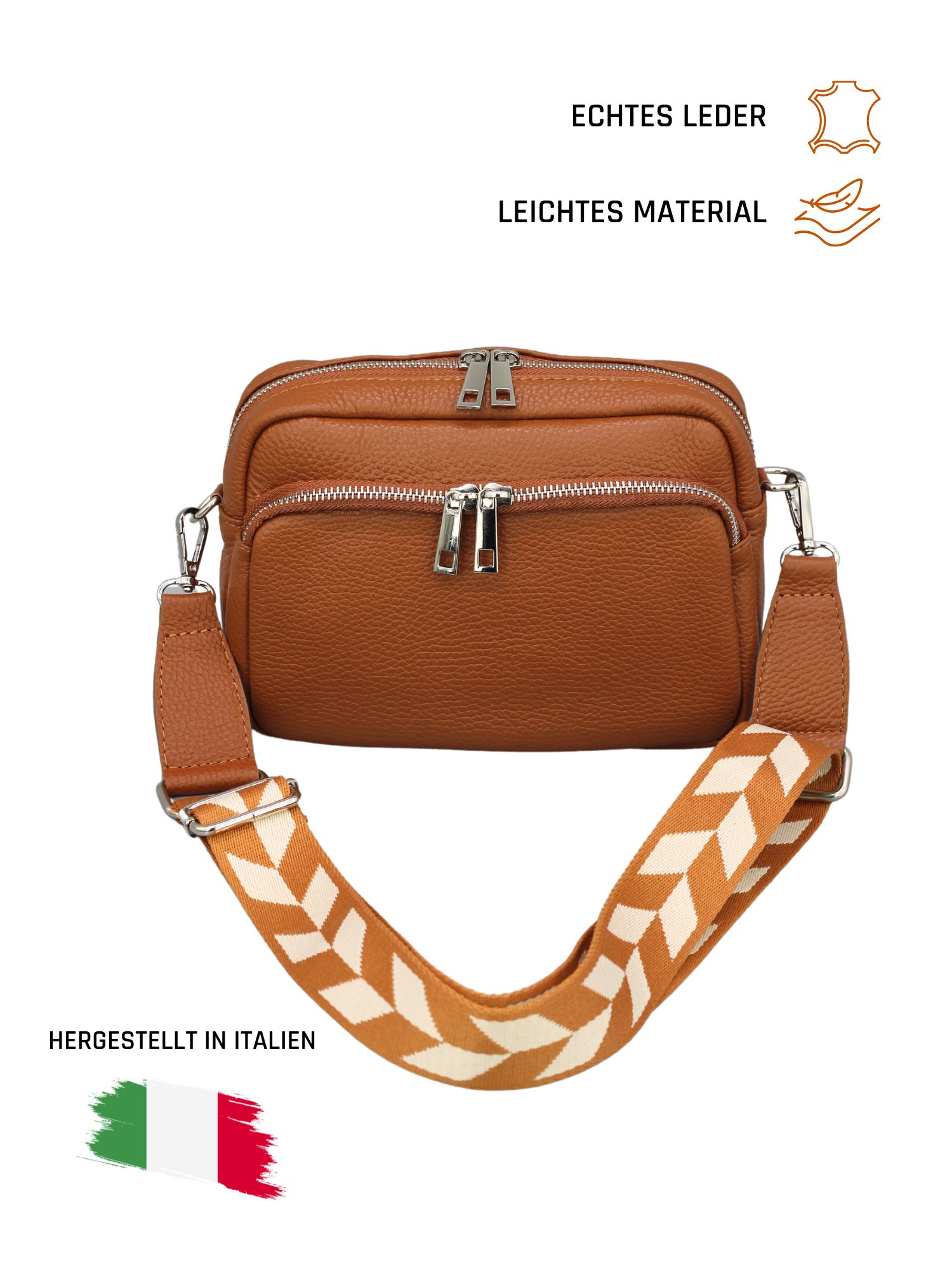 Adel Bags Schultertasche BELLA Umhängetasche für Damen, Schultertasche mit 2 Wechselriemen, echtes Leder, hergestellt in Italien