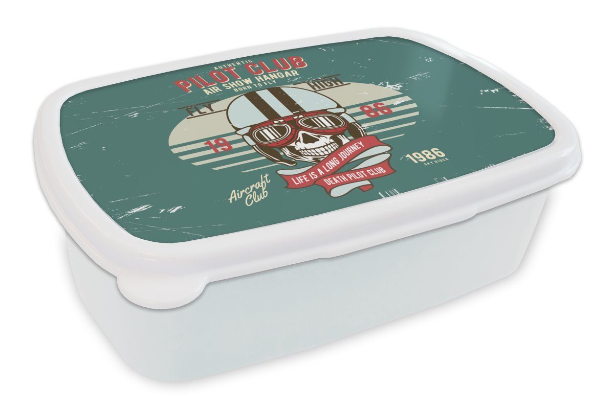 MuchoWow Lunchbox Totenkopf - Kleidung - Pilot - Vintage, Kunststoff, (2-tlg), Brotbox für Kinder und Erwachsene, Brotdose, für Jungs und Mädchen weiß