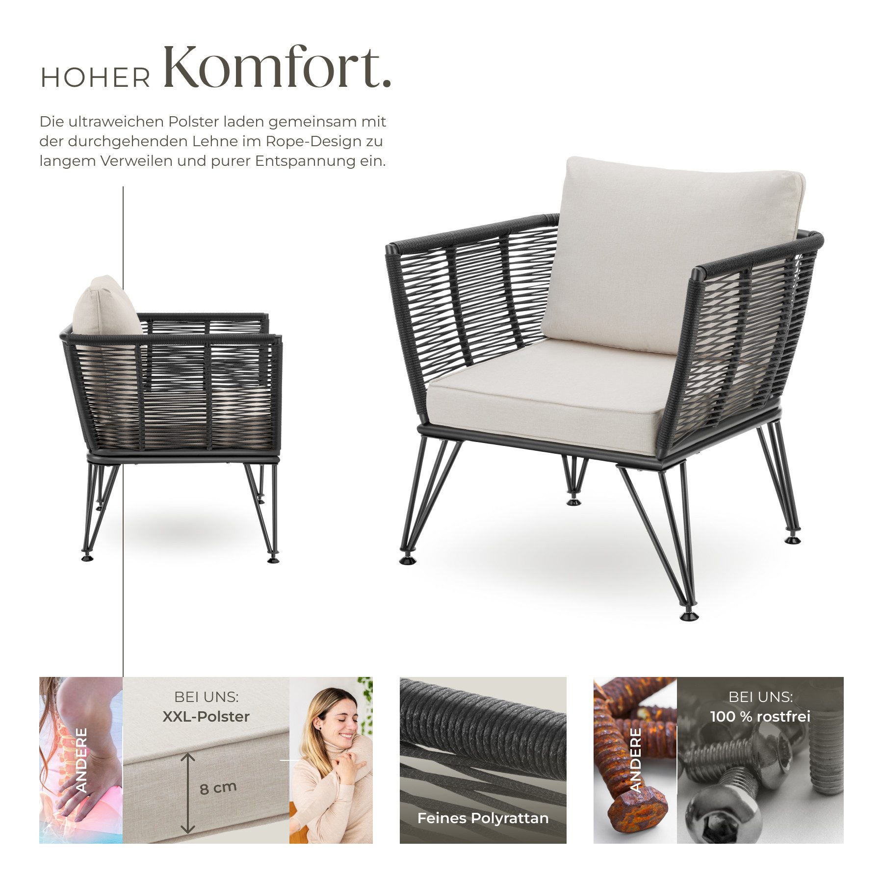 tectake Essgruppe Garten-Loungesessel Sundo im Rope-Design, (Set., 2-tlg), Solide Gestelle aus pulverbeschichtetem Stahl