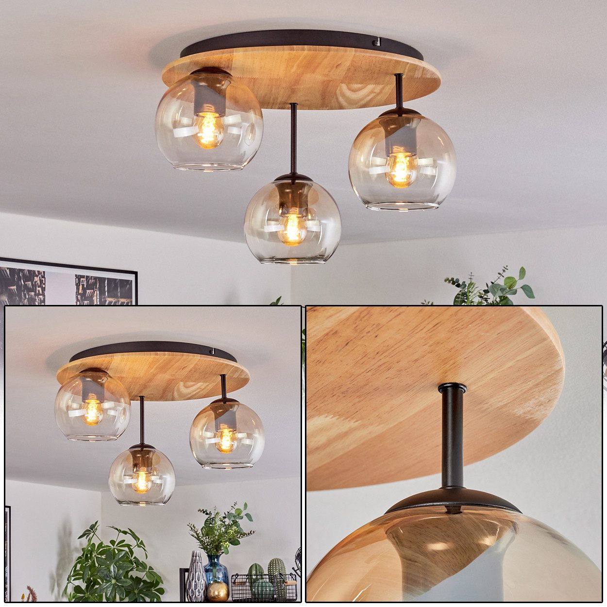 hofstein Deckenleuchte Deckenlampe aus Metall/Holz/Glas in Schwarz/Natur/Be günstig online kaufen