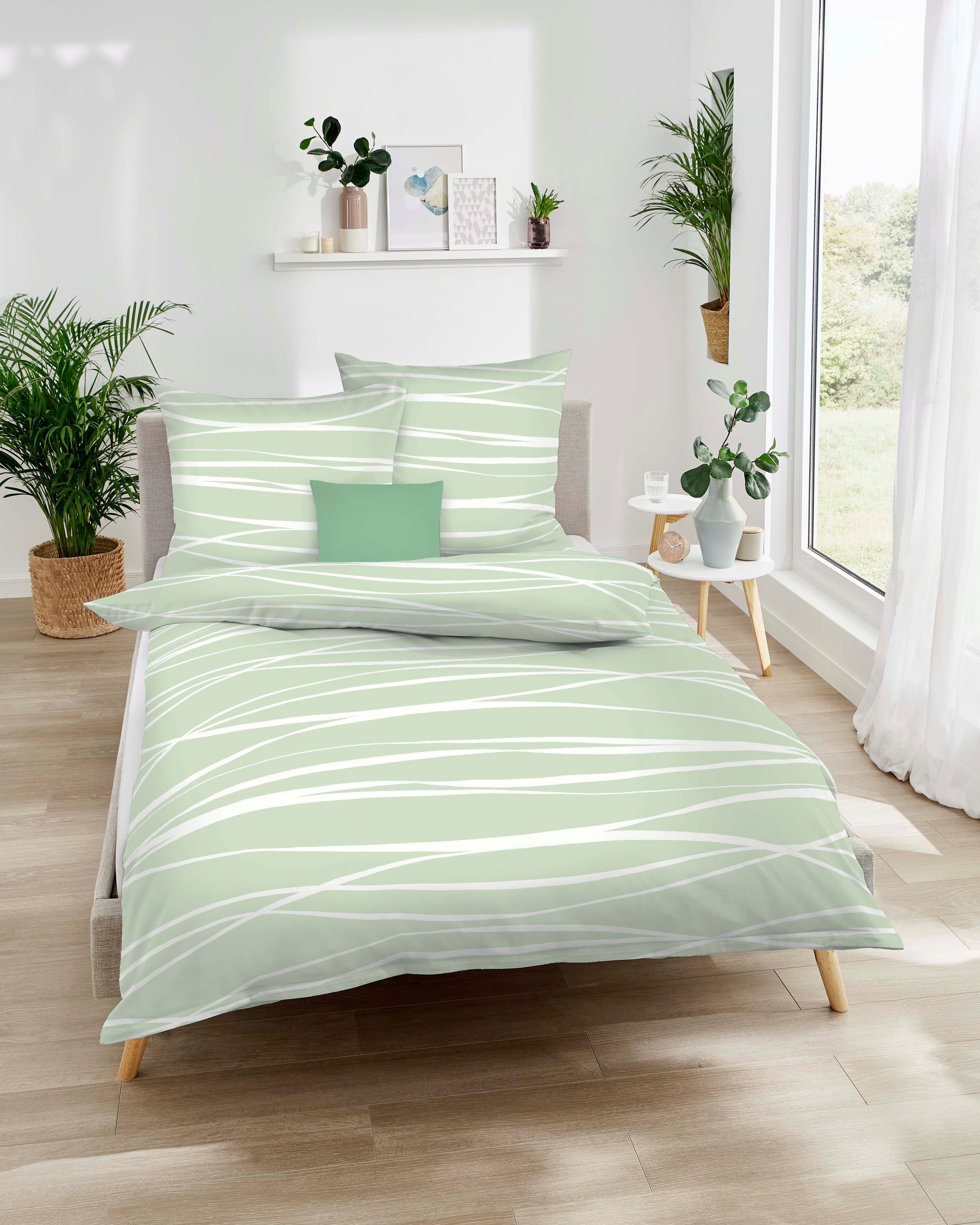 Kaeppel Wendebettwäsche MOTION 100% gekämmte Baumwolle, Mako-Satin, 2 teilig, mit feinen Wellenlinien, Markenreißverschluss, Wendeoptik