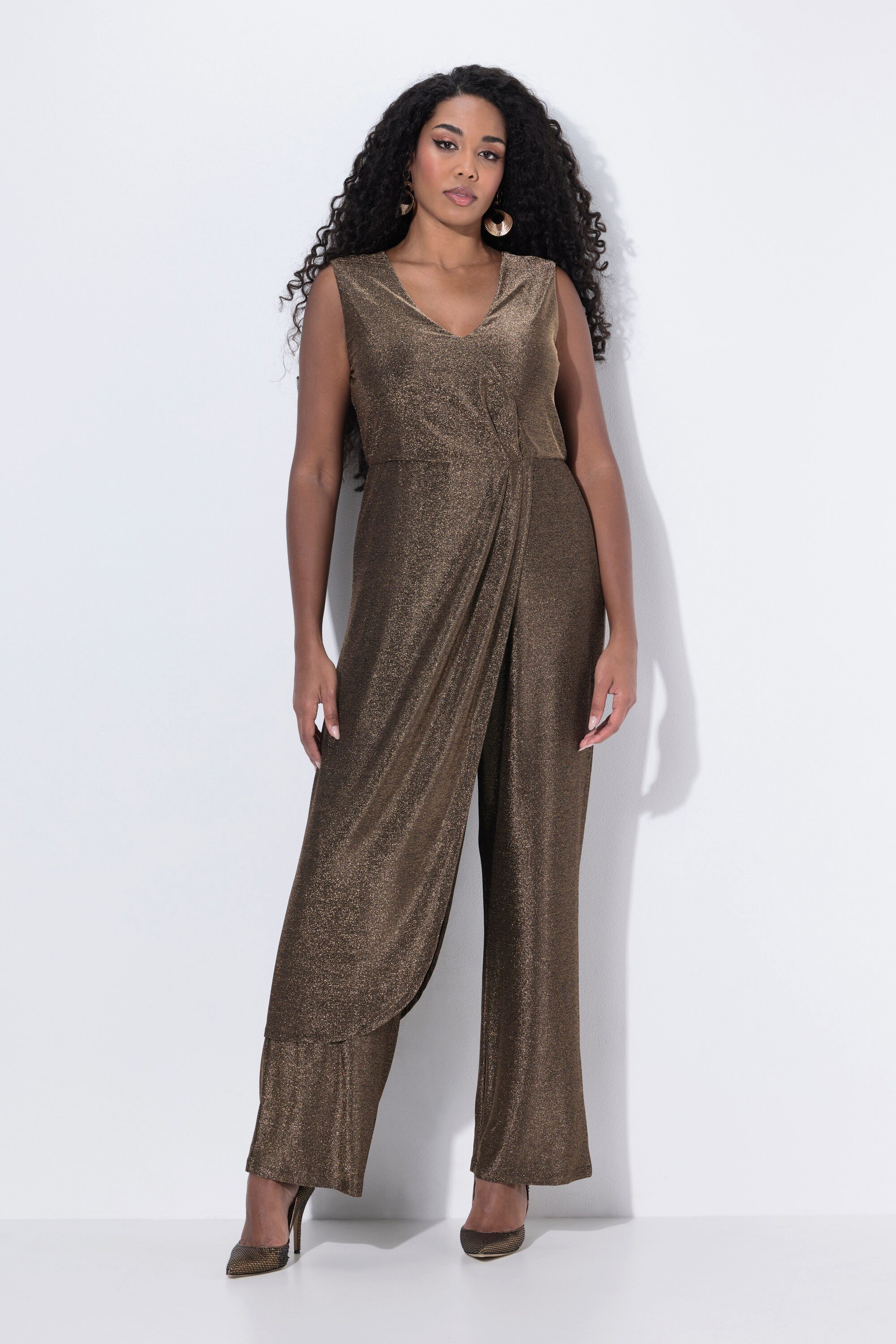 Ulla Popken Marlene-Hose Jumpsuit Glitter weites Bein V-Ausschnitt ärmellos