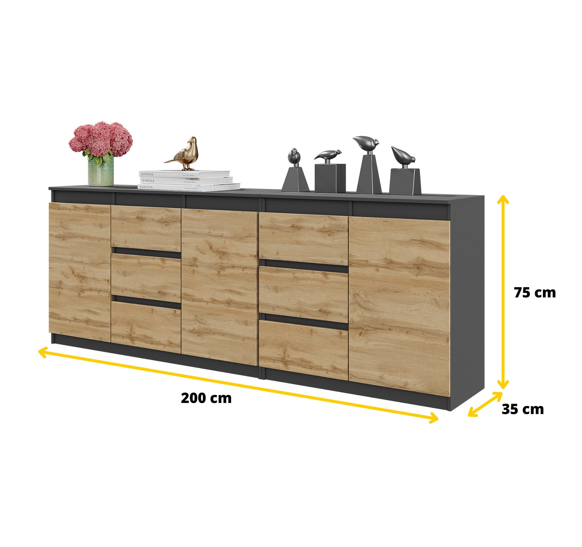 Furnica Kommode Anthrazit 200 cm mit 6 Schubladen und 3 Türen- Wohn-und Schlafzimmer – Bild 2 von 5