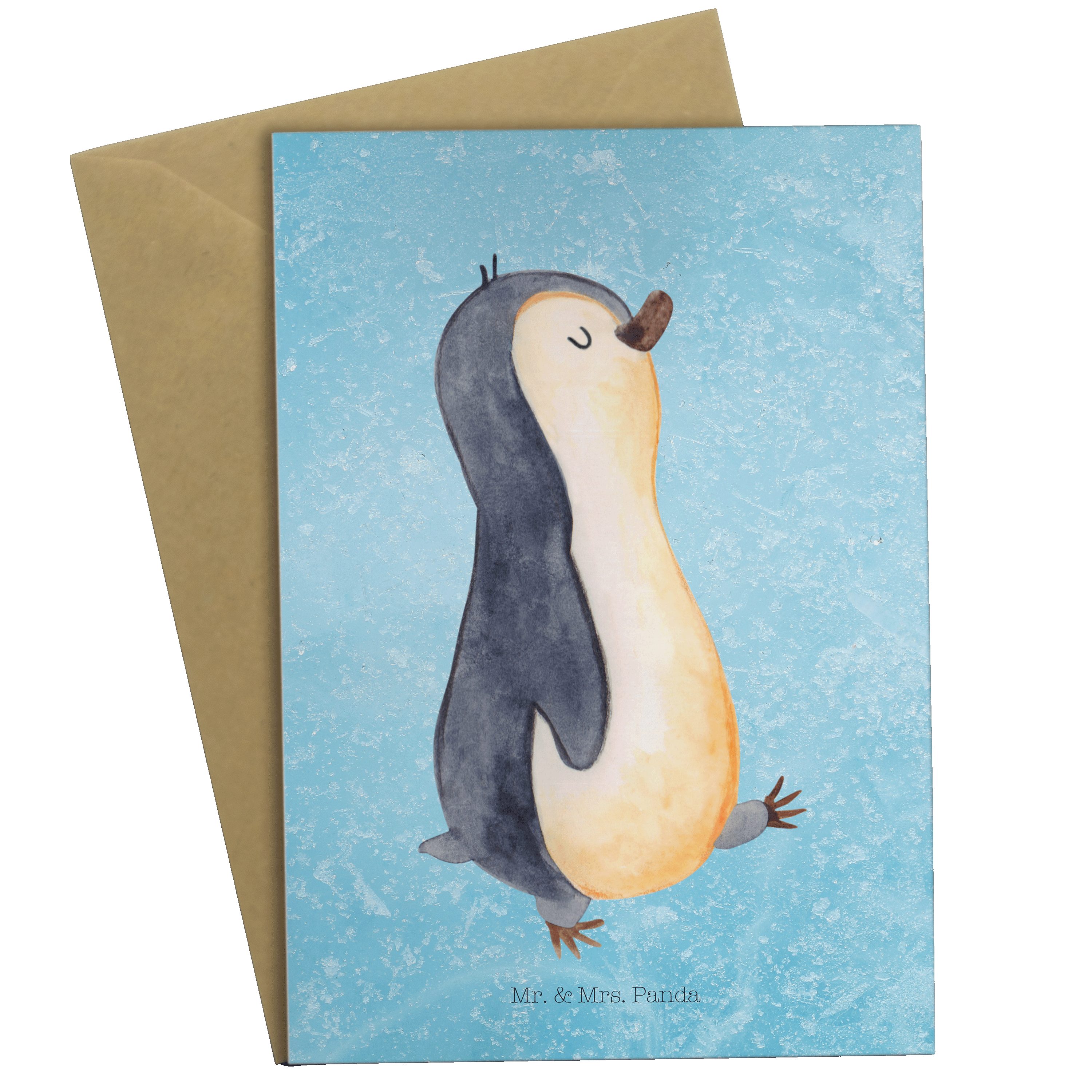 Mr. & Mrs. Panda Grußkarte Pinguin marschierend - Eisblau - Geschenk, Einladungskarte, Glückwuns