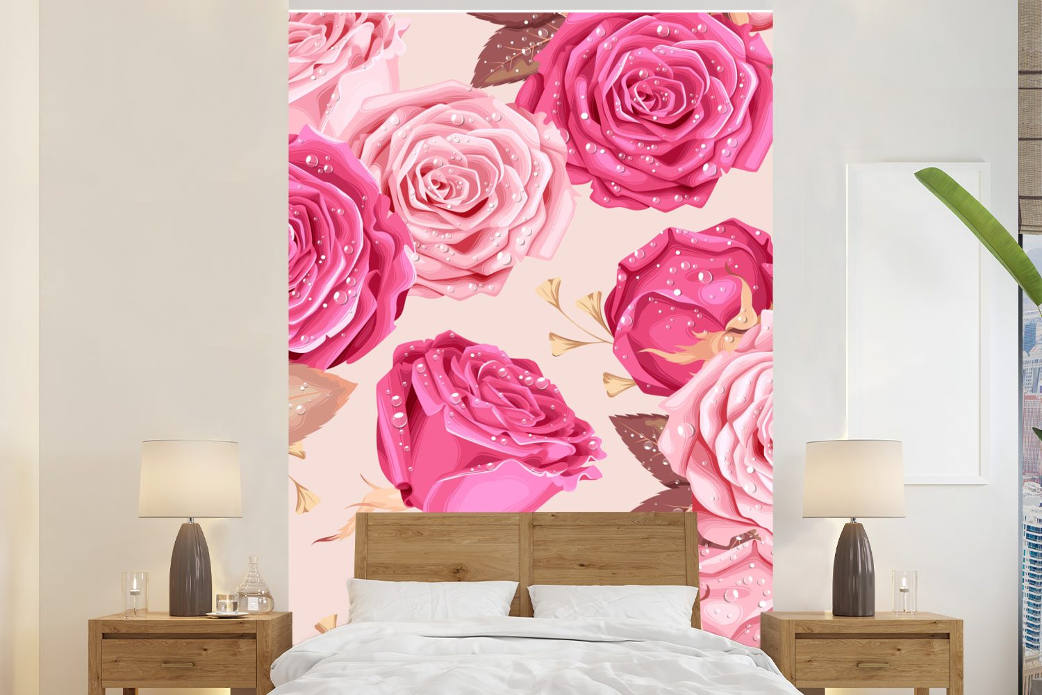 MuchoWow Fototapete Rosen - Blätter - Rosa - Tropfen, Matt, bedruckt, (3 St), Montagefertig Vinyl Tapete für Wohnzimmer, Wandtapete