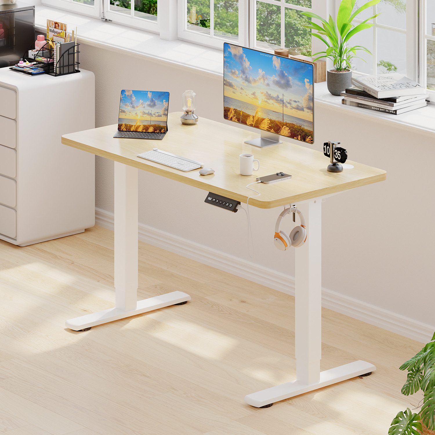 HOMALL Schreibtisch Höhenverstellbarer Schreibtisch mit 2-stufiger Memory-Steuerung (Einteilige Vollplatte mit einer Tragkraft von 80 kg, USB-Ladeanschluss und Weckfunktion)