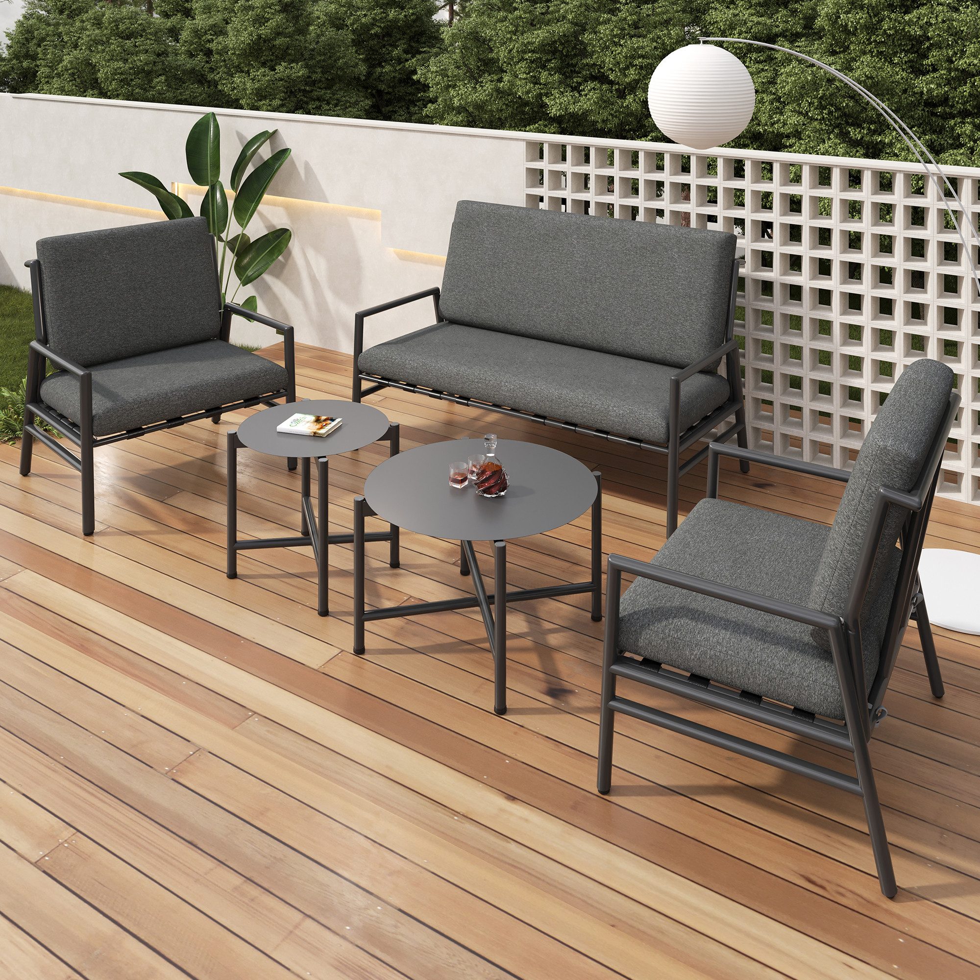 Gartenlounge-Set, (5-tlg., Gartengarnitur mit Kissen, 2-Sitzer-Sofa, 2 Sessel, 2 Tisch), Sitzgarnitur für 4 Personen, Gartenmöbel Set aus Stahl, Loungeset