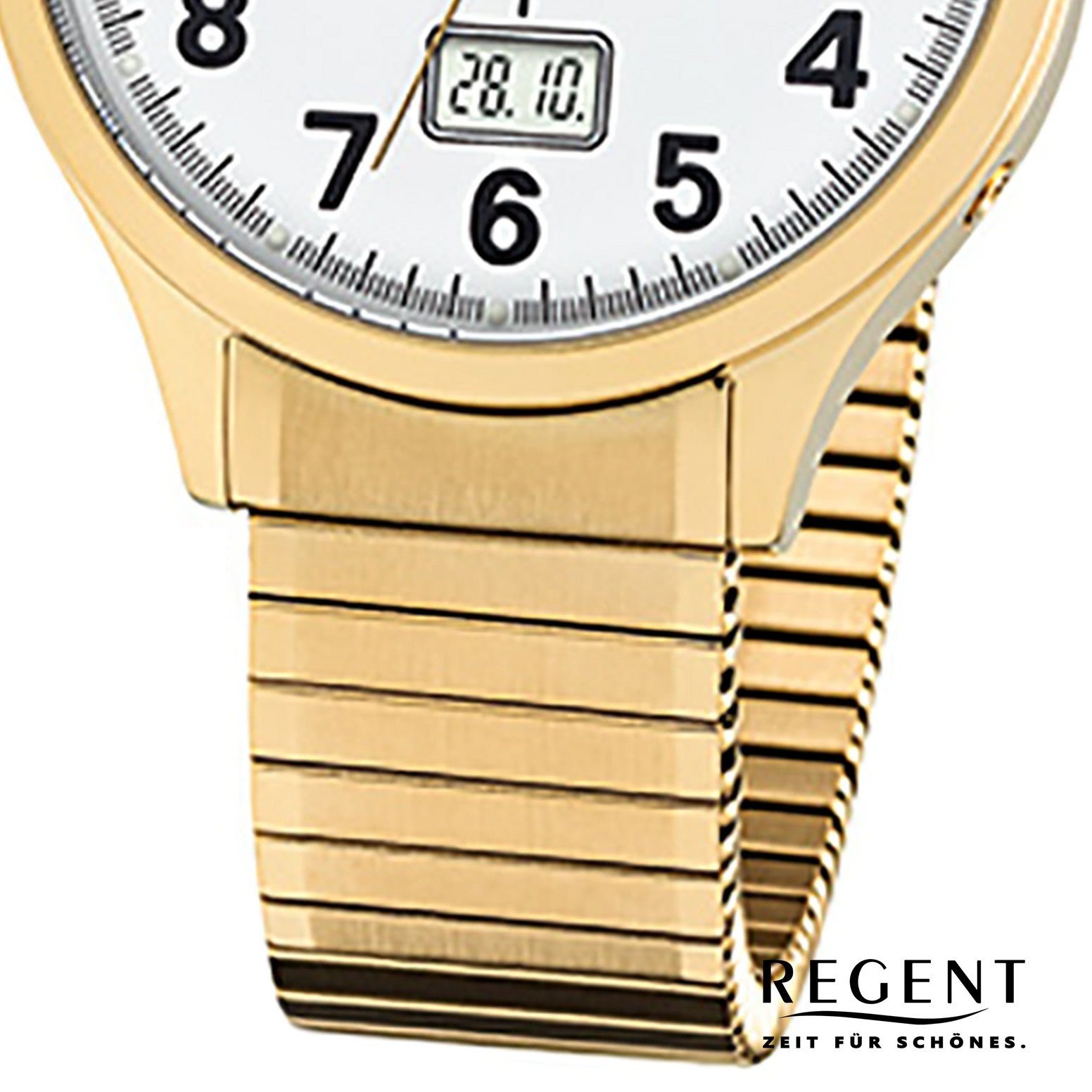 Regent Funkuhr Regent Herren-Armbanduhr gold, (Funkuhr), Herren Funkuhr rund, groß (ca. 40mm), Edelstahlarmband