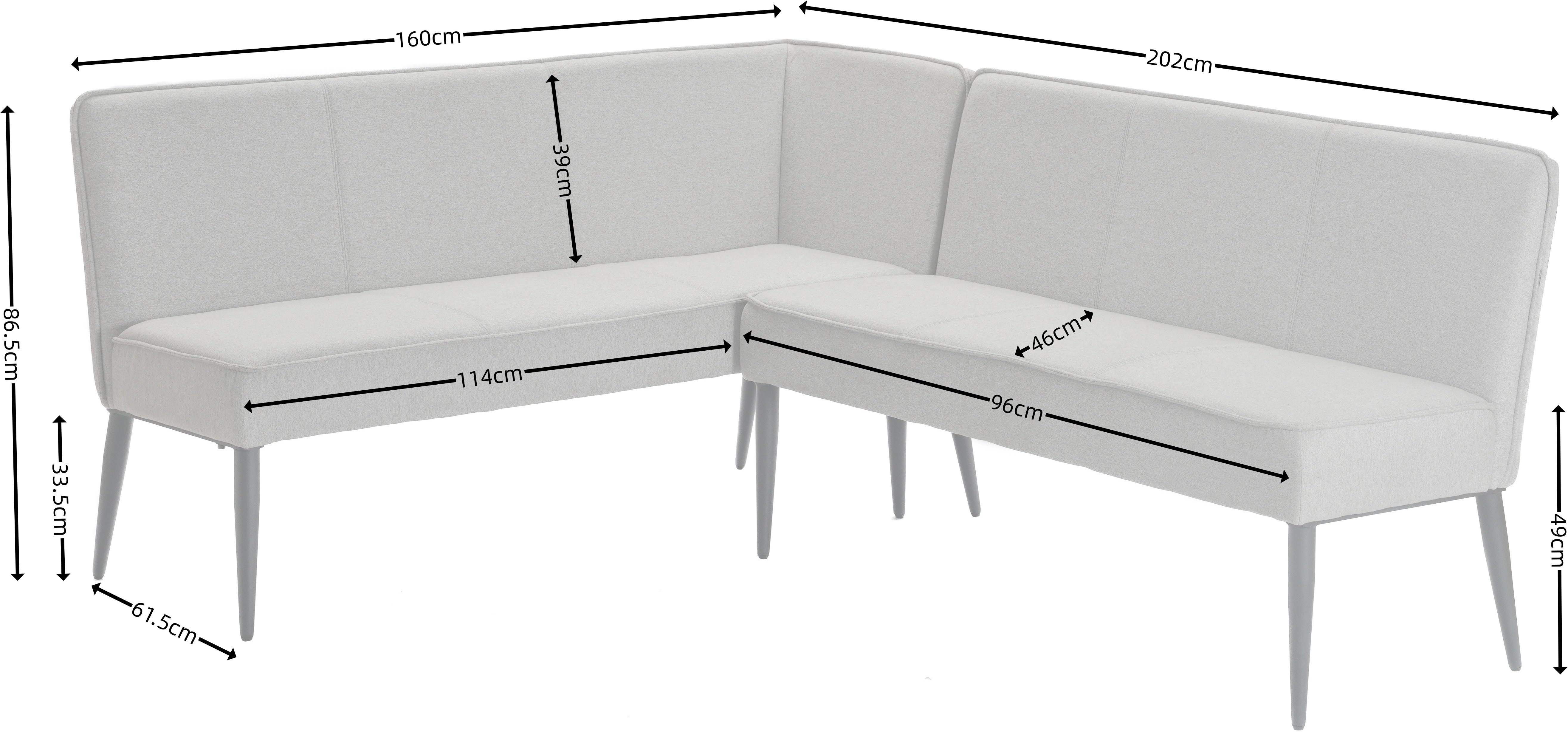 OTTO home Eckbank Lenzrose, (Esszimmerbank, Bank), mit Taschenfederkern, schwarzes Metallgestell, Breite 202 cm