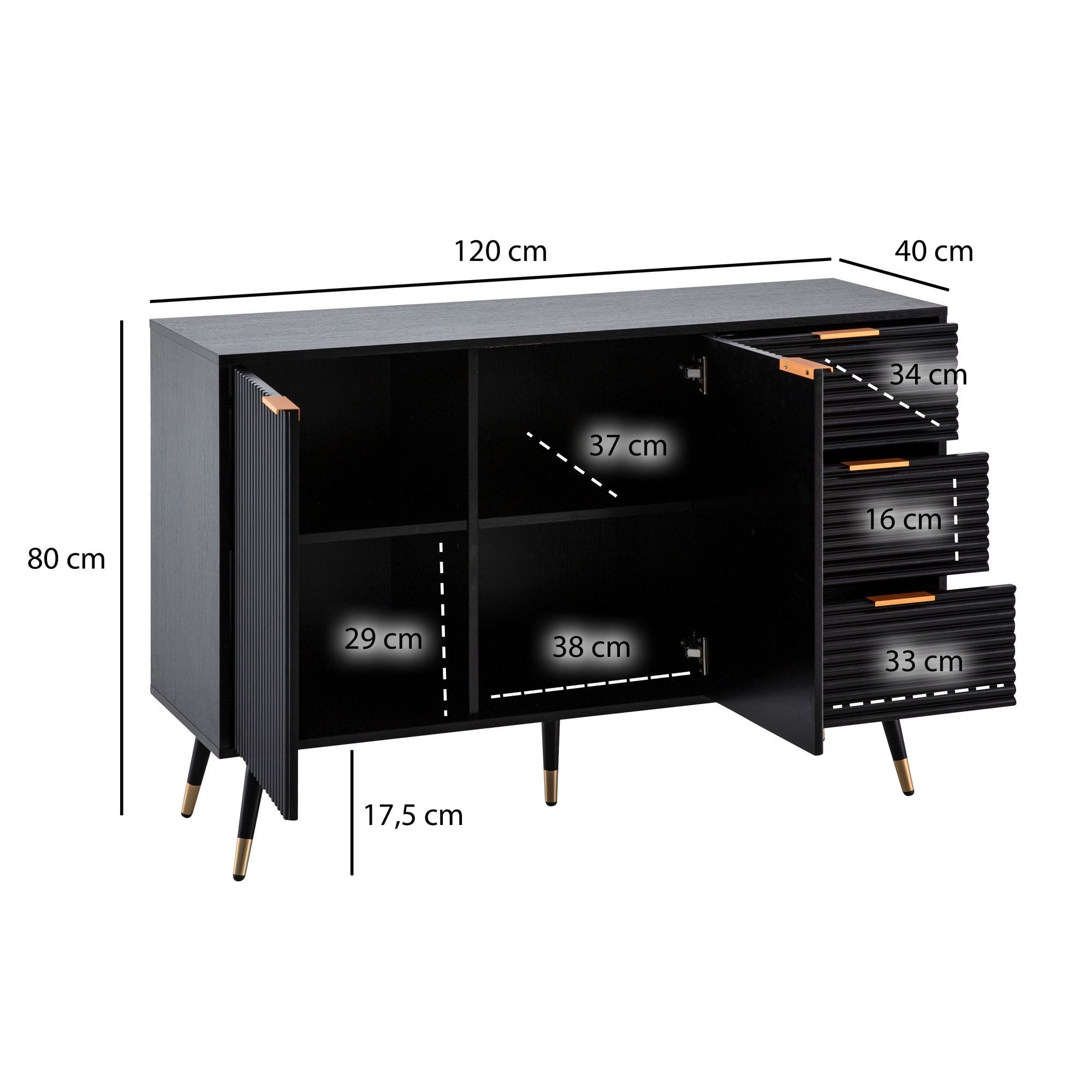 FineBuy Sideboard 120x80x40 cm Anrichte Schwarz mit Eiche-Dekor, Kommode mit Türen und Schubladen, Kommodenschrank Flurschrank Modern, Standschrank Wohnzimmer M – Bild 3 von 5
