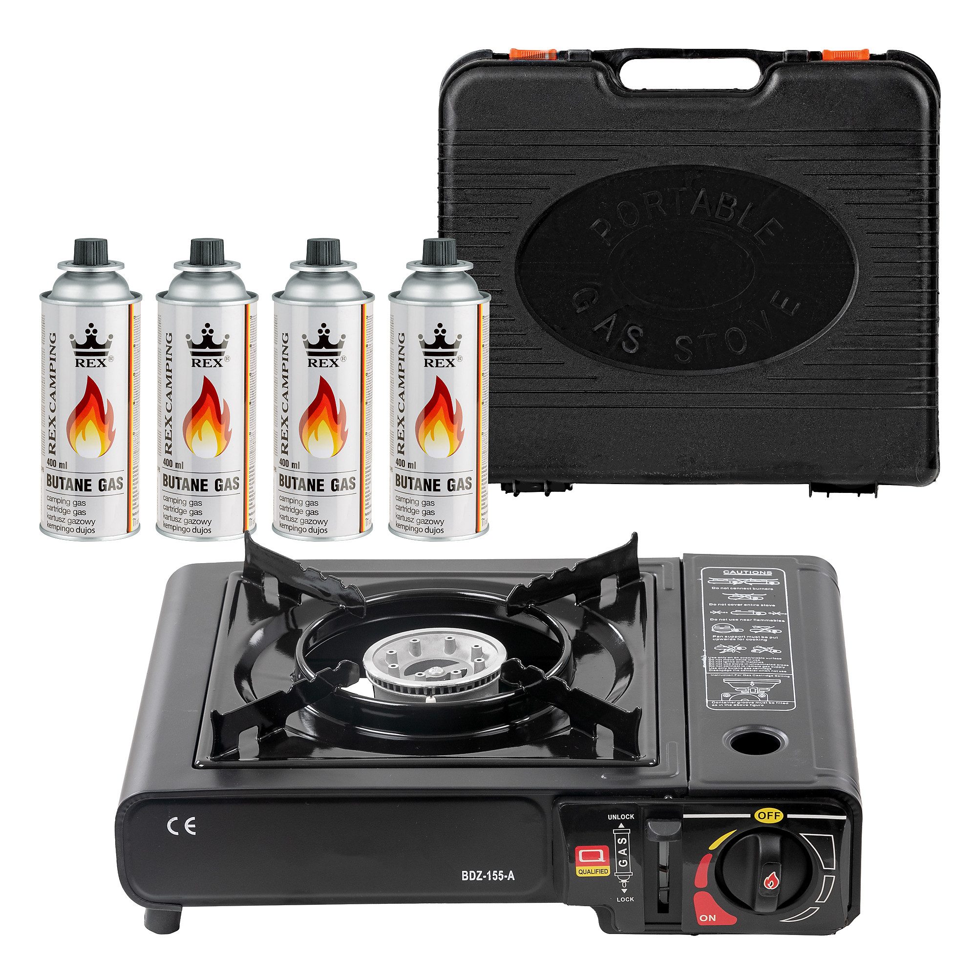 Mianova Gaskocher 1 flammig Campingkocher + 4 Gasflaschen + Koffer Gaskocher Notkocher, (Mit Gaskartuschen Barbecue Campingherd Stromausfall Notkocher Herd Tischgrill), Outdoor Camping Notfallkocher Herd Notfall für Kartuschen