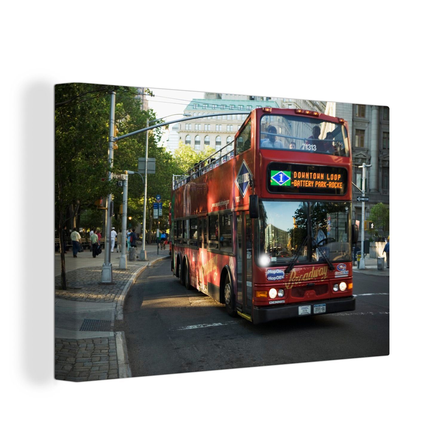 OneMillionCanvasses® Leinwandbild Ein Doppeldeckerbus in New York, (1 St), Wandbild Leinwandbilder, Aufhängefertig, Wanddeko, 30x20 cm