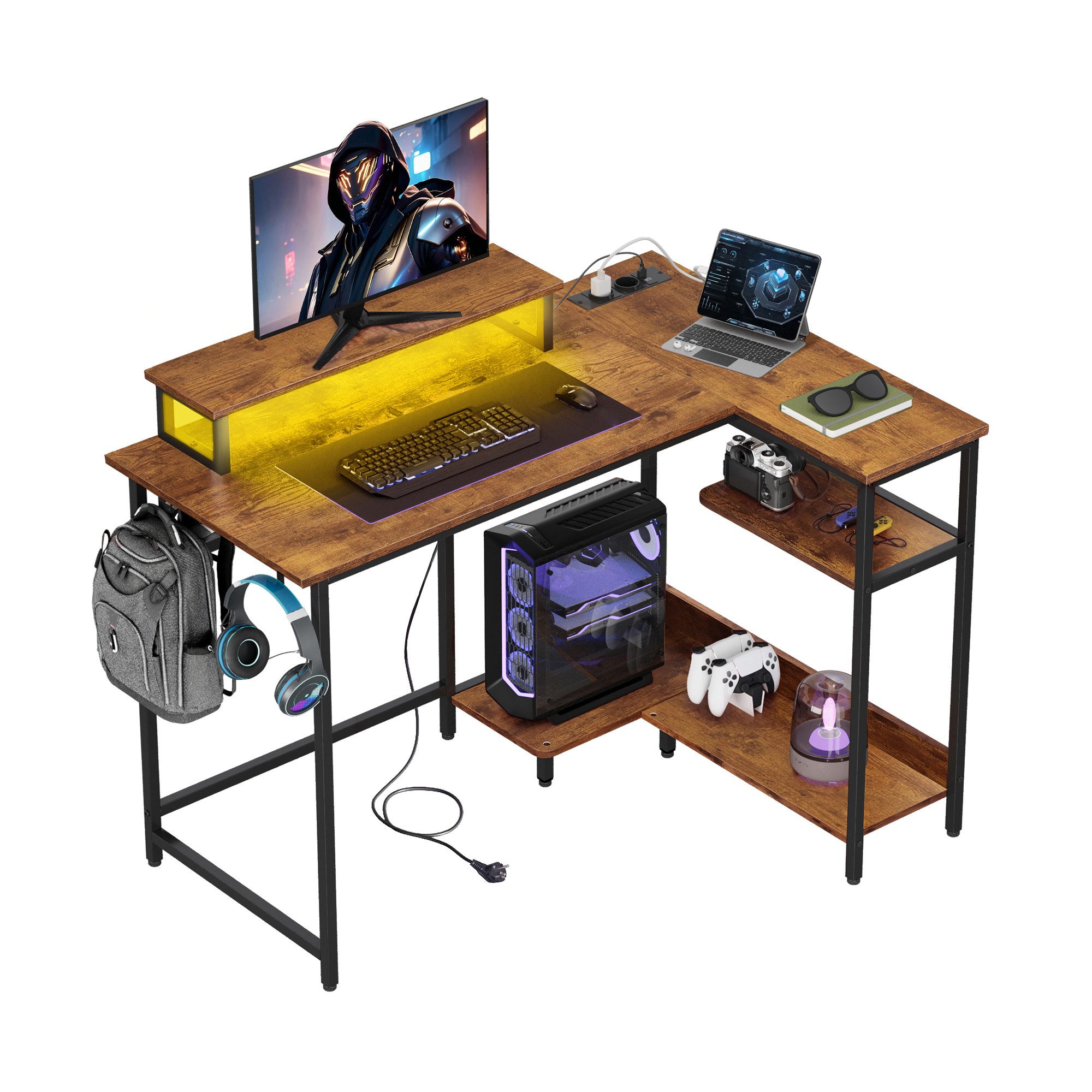 DEVAISE Computertisch Gamingtisch 111/120/140 x 80 cm Computertisch, L-förmiger Schreibtisch (Packung, Tablett mit Ständer), Computertisch mit LED, 2 USB und 2 AC-Steckdosen, für Büro