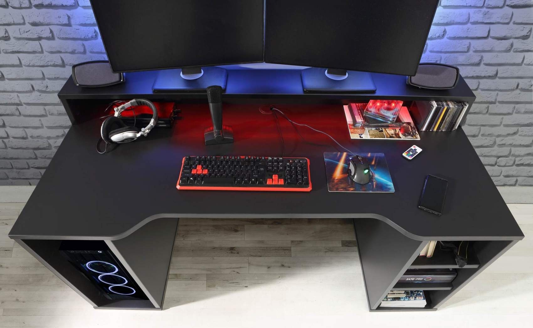 Forte Möbel Ebene Tisch Gaming 1 Monitore Forte TEZAUR Schwarz Gamingtisch mit für von zweiter
