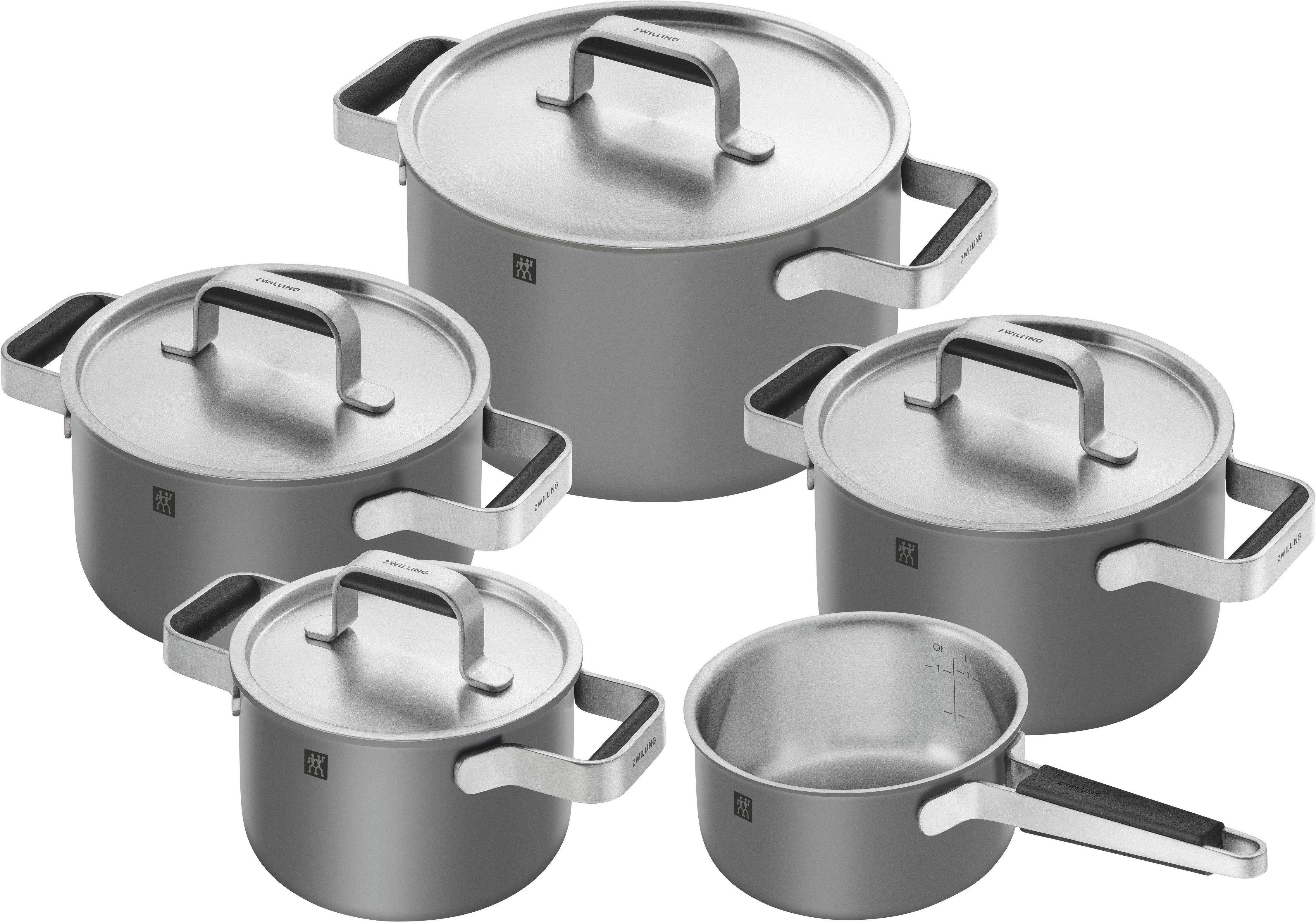 Zwilling Topf-Set Pure, Edelstahl 18/10 (Set, 5-tlg., 3 Kochtöpfe (16, 20 & 24 cm), Bratentopf 20 cm, Stieltopf 16 cm), Stay-Cool-Griffe, 3-lagige Bodentechnologie