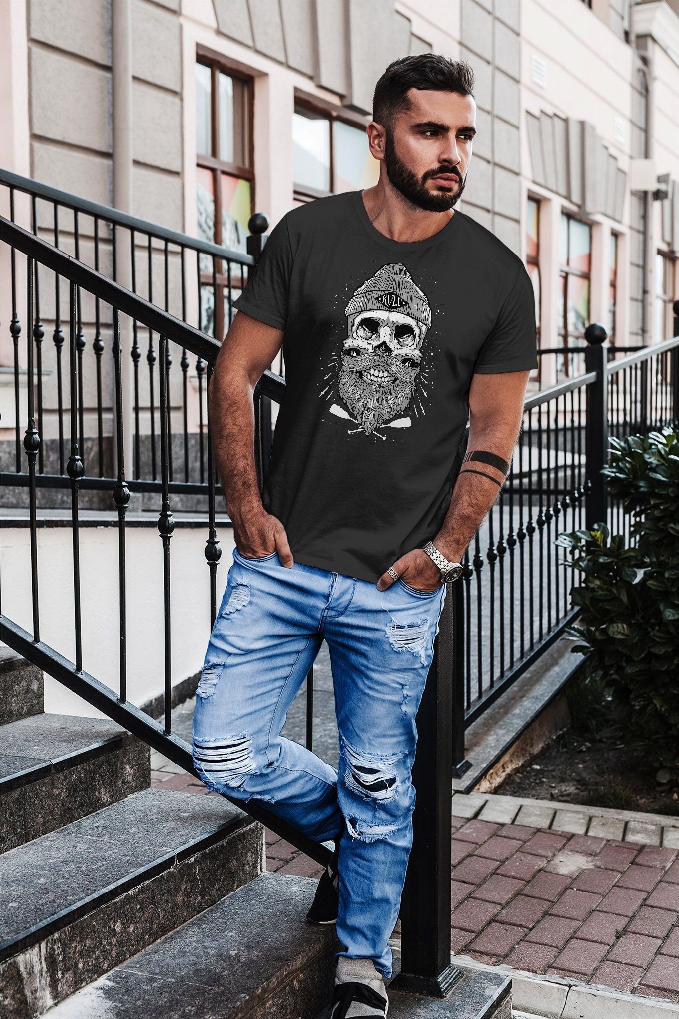 Neverless Print-Shirt Herren T-Shirt Print Beard Slim Captain Neverless® Kapitän mit Totenkopf Fit Skull Bart schwarz