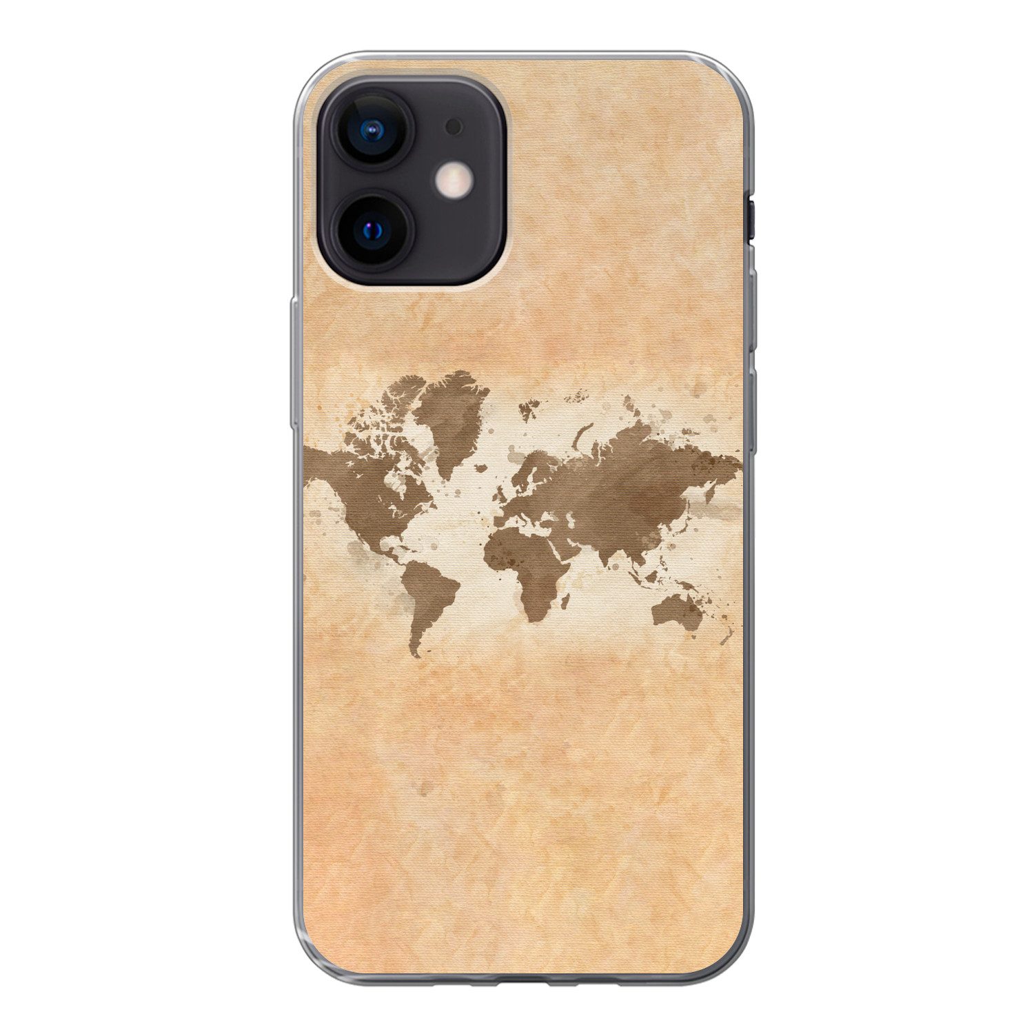 MuchoWow Handyhülle für Apple iPhone 12 Weltkarte - Beige - Braun, Smartphone-Bumper, Print, Handy Schutzhülle Dünn