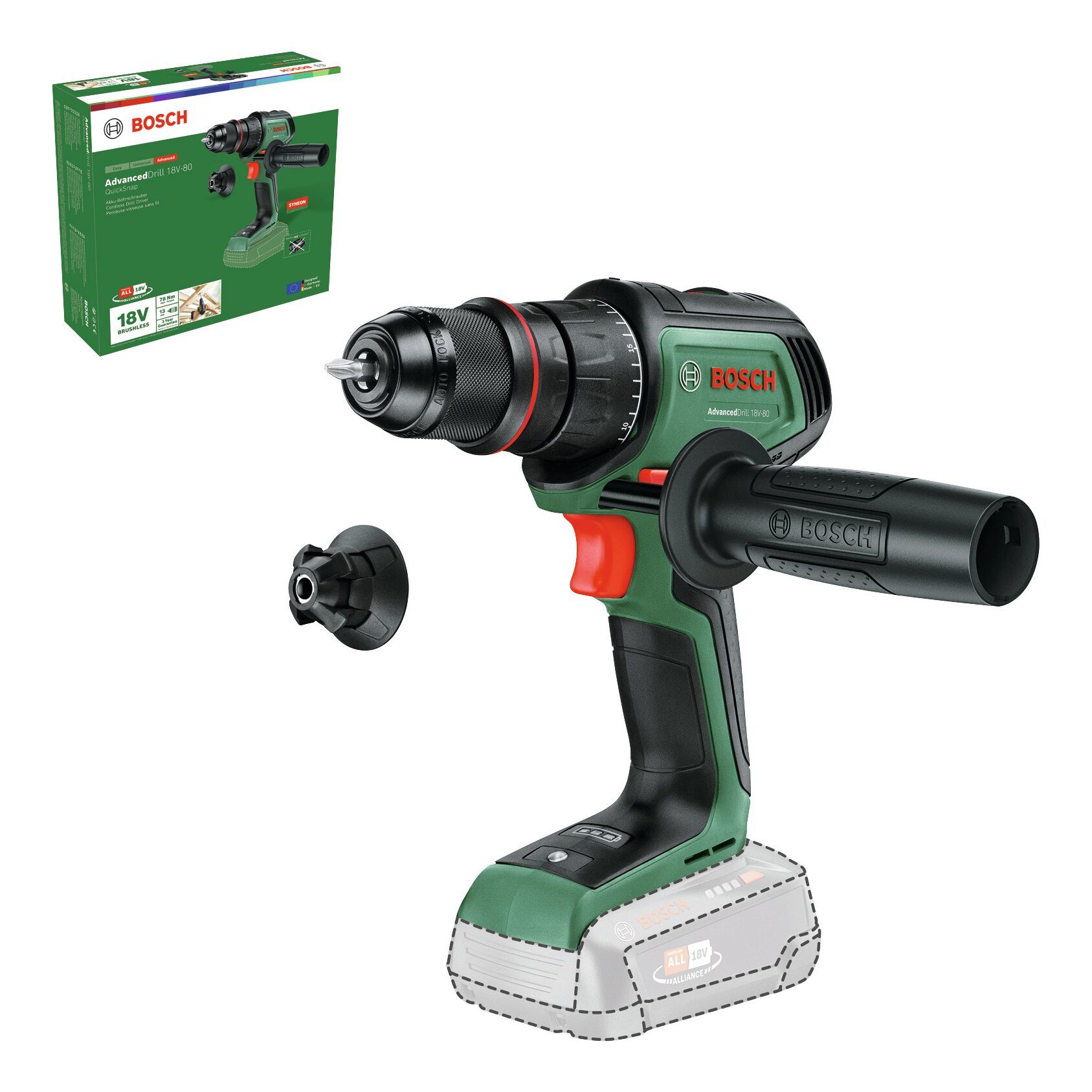 BOSCH Akku-Bohrschrauber AdvancedDrill 18V-80, 18 V, max. 500 U/min, QuickSnap Ohne Akku - im Karton