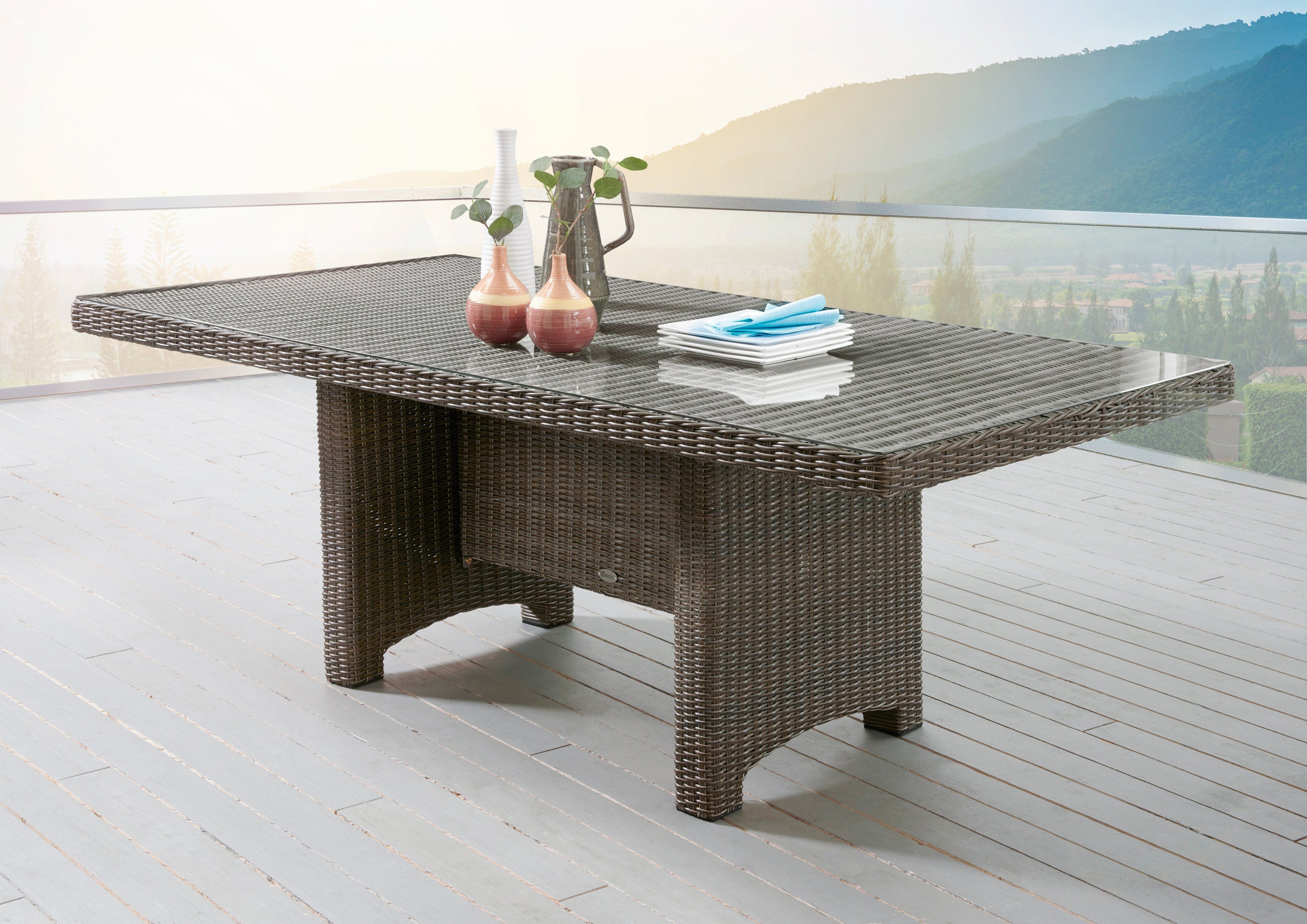 LUNA, Destiny Gartentisch aufgelegter mit Polyrattan, Glasplatte rechteckig, 165x100x75cm